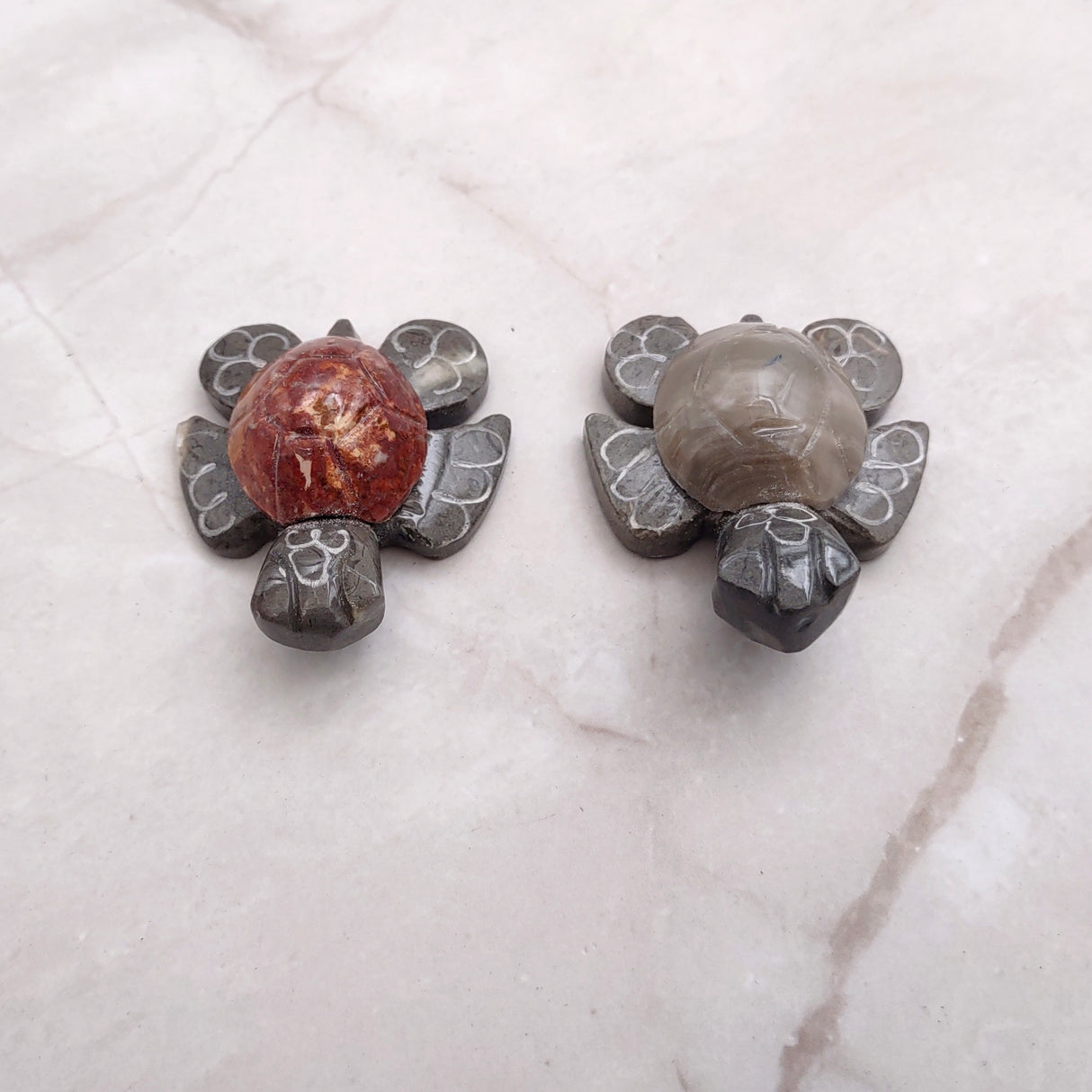 Natural Marble Stone Grey Sea Turtles (set of 2 stone figure approx. 2+ inches) Carved Marble Turtle Figurines for coastal home shelf decor!