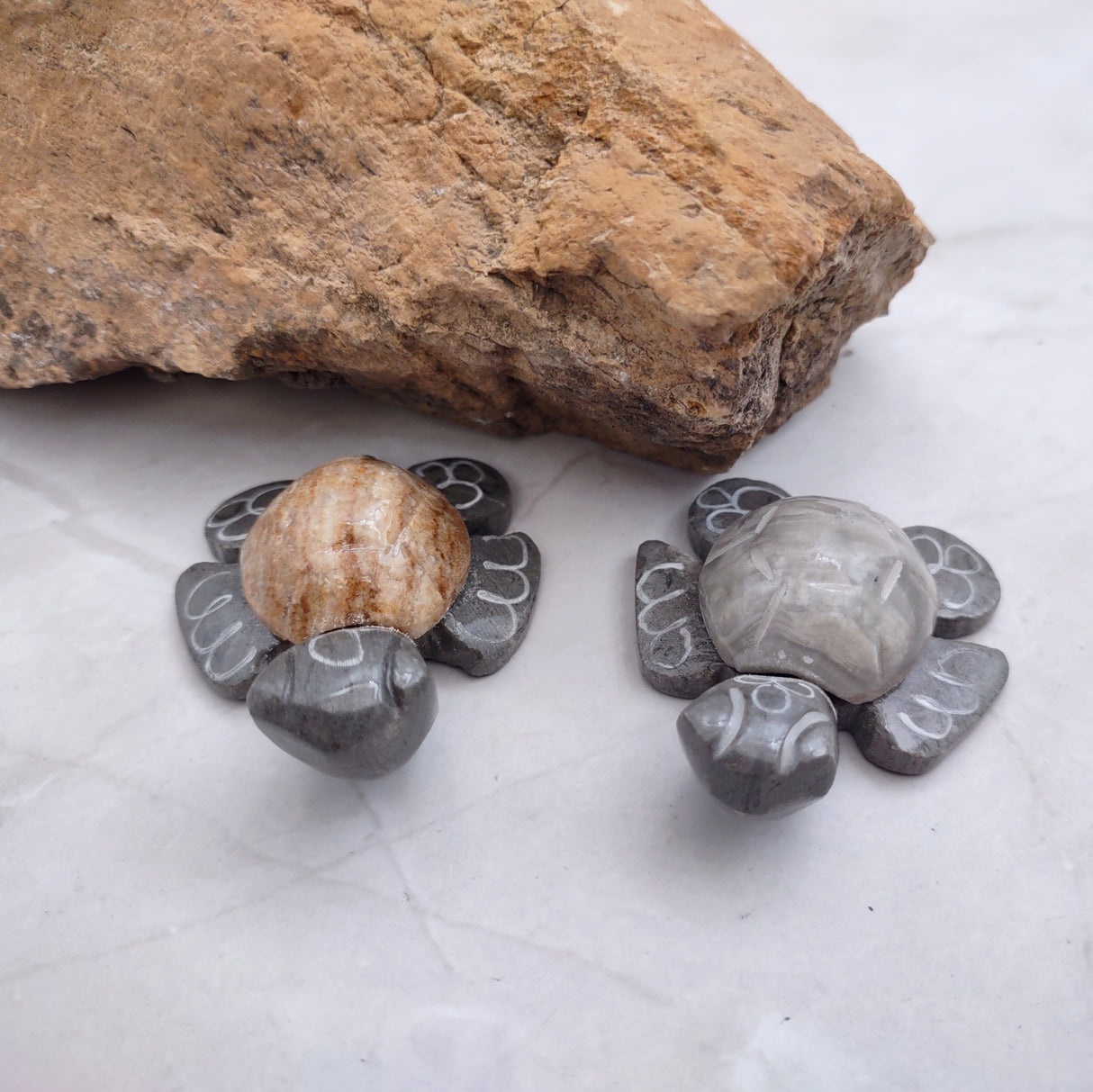 Natural Marble Stone Grey Sea Turtles (set of 2 stone figure approx. 2+ inches) Carved Marble Turtle Figurines for coastal home shelf decor!