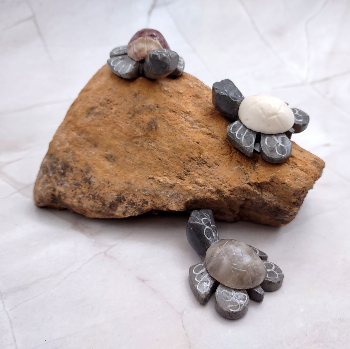 Natural Marble Stone Grey Sea Turtles (set of 2 stone figure approx. 2+ inches) Carved Marble Turtle Figurines for coastal home shelf decor!