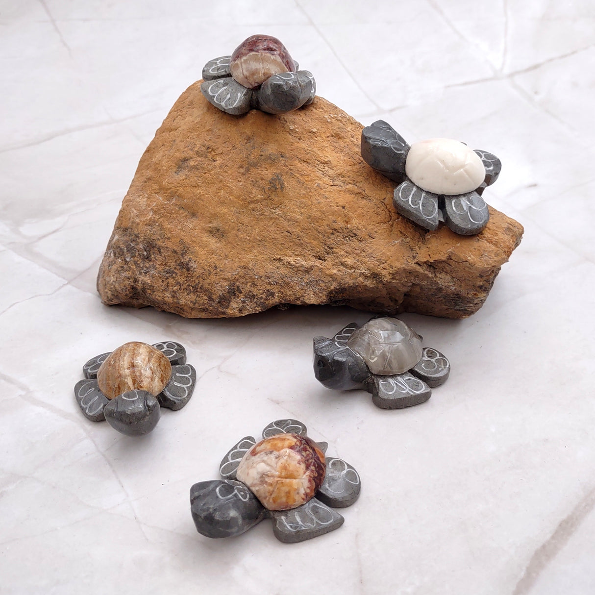 Natural Marble Stone Grey Sea Turtles (set of 2 stone figure approx. 2+ inches) Carved Marble Turtle Figurines for coastal home shelf decor!