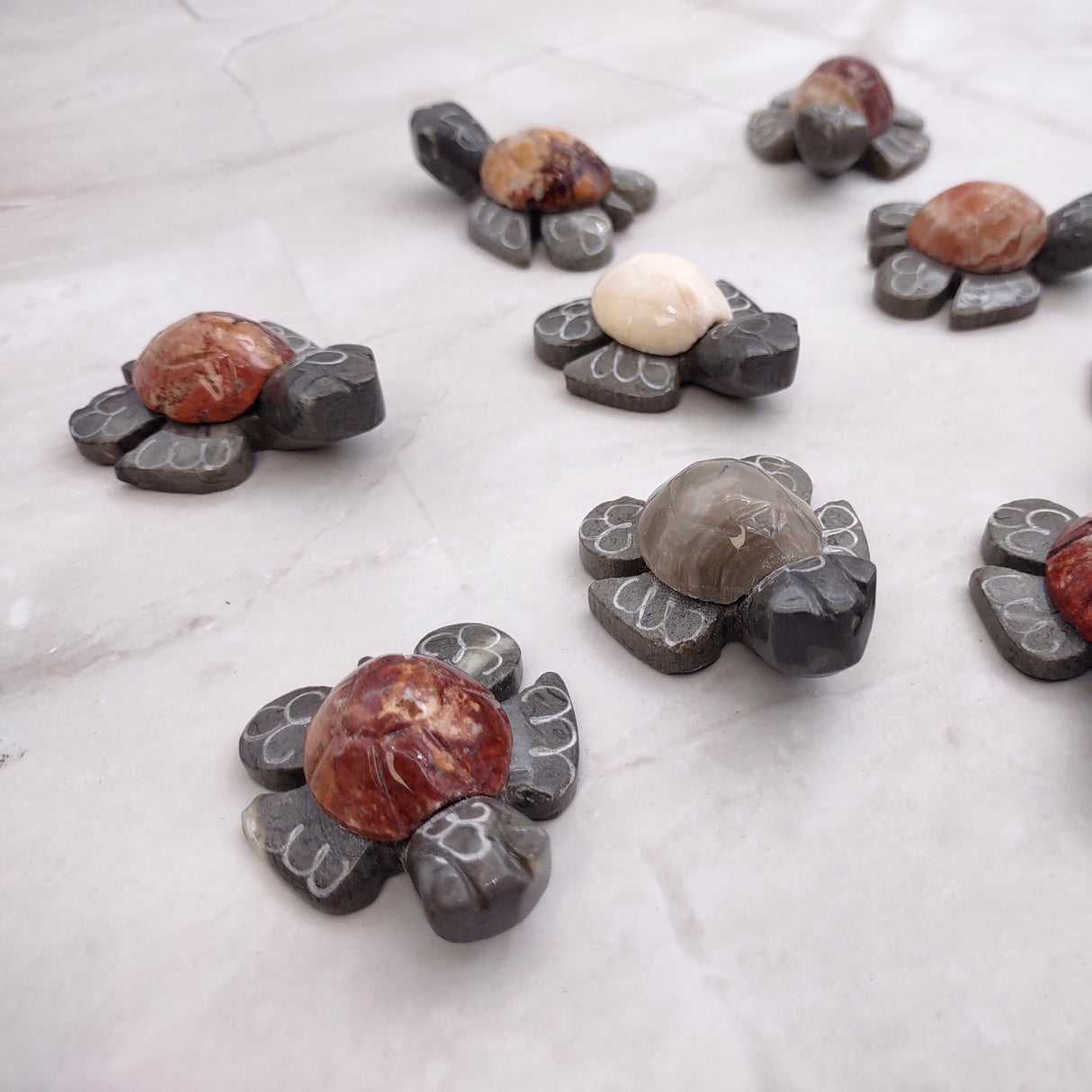 Natural Marble Stone Grey Sea Turtles (set of 2 stone figure approx. 2+ inches) Carved Marble Turtle Figurines for coastal home shelf decor!