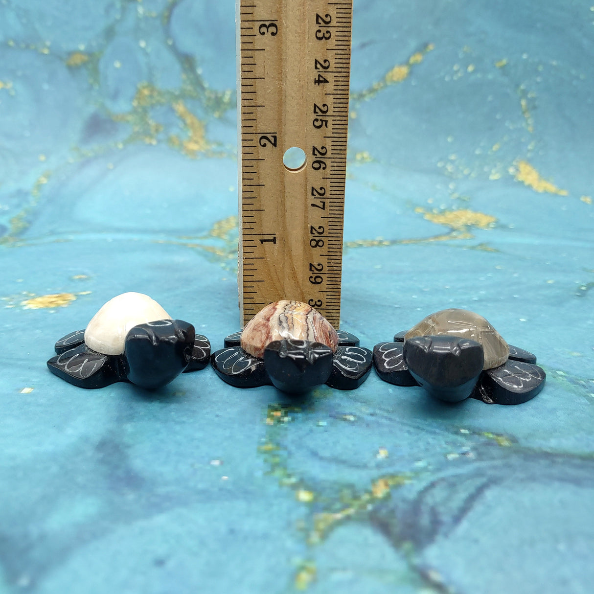 Natural Marble Stone Black Sea Turtles (set of 2 stone figure approx. 2+ inches) Carved Marble Turtle Figurines for coastal home shelf decor!