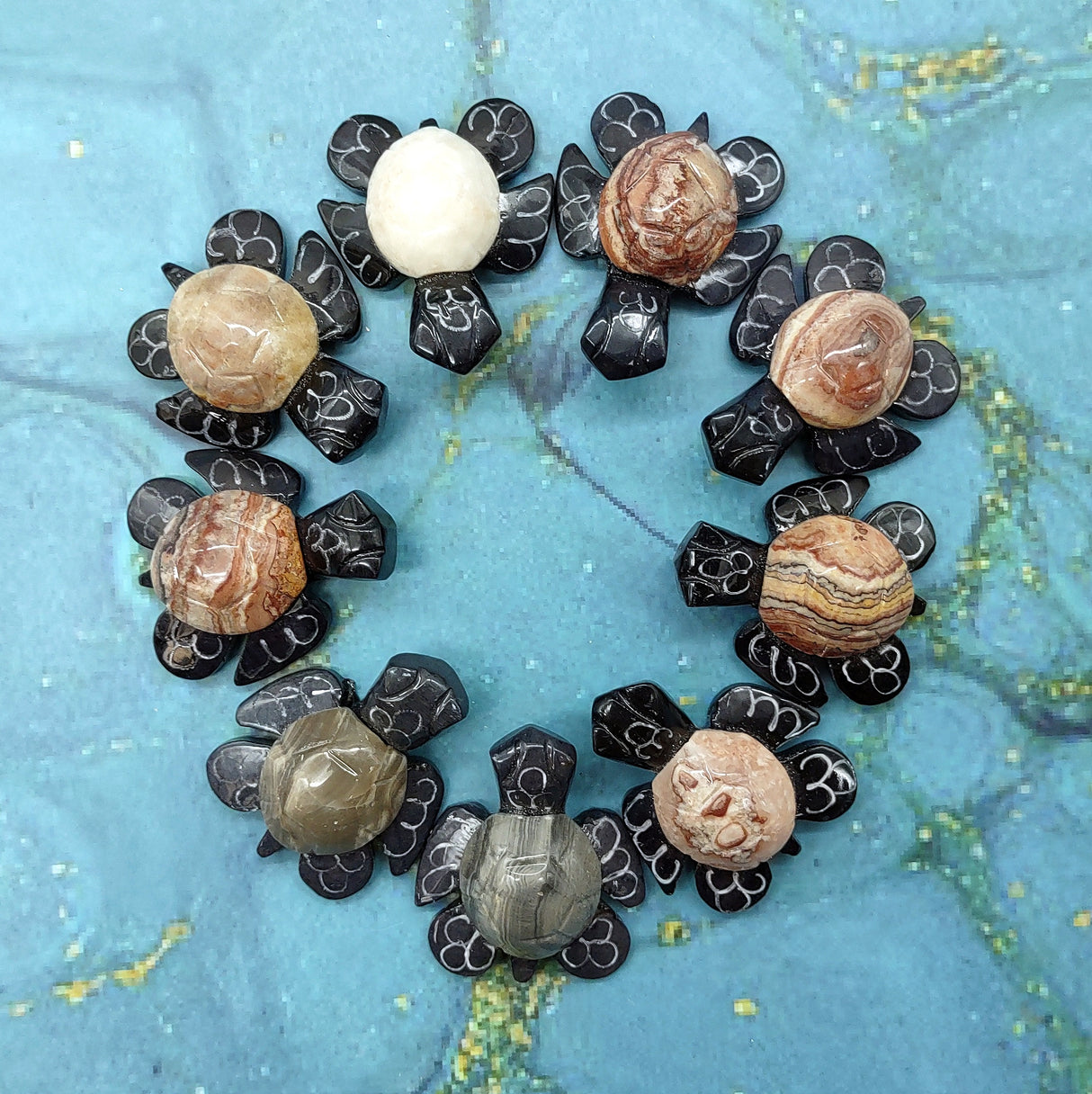 Natural Marble Stone Black Sea Turtles (set of 2 stone figure approx. 2+ inches) Carved Marble Turtle Figurines for coastal home shelf decor!