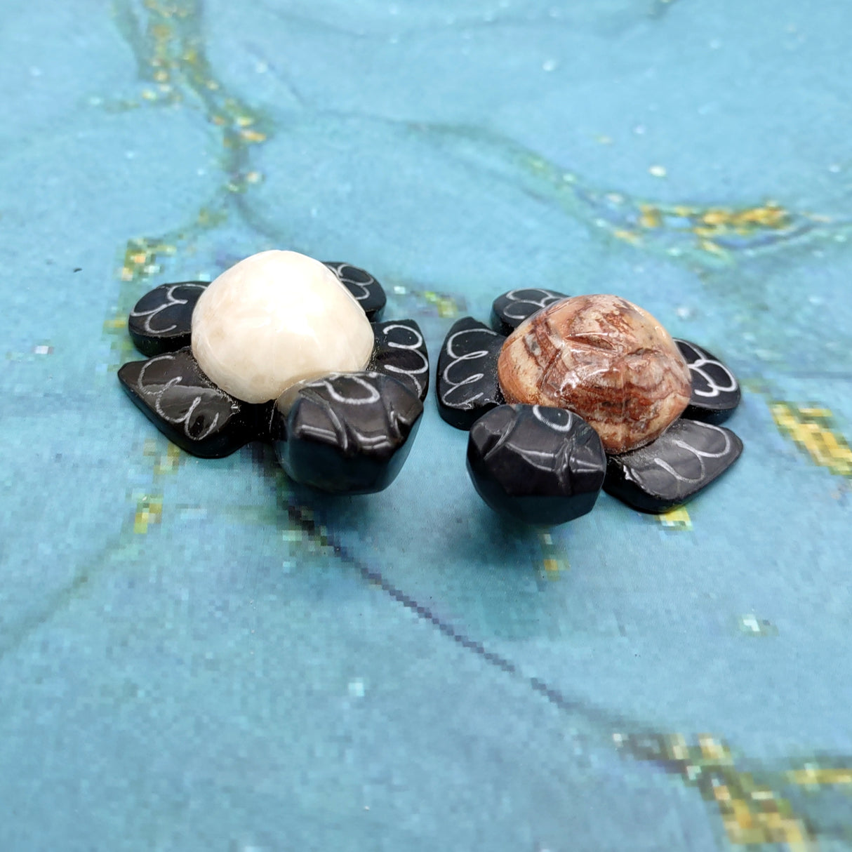 Natural Marble Stone Black Sea Turtles (set of 2 stone figure approx. 2+ inches) Carved Marble Turtle Figurines for coastal home shelf decor!