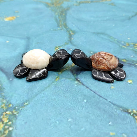 Natural Marble Stone Black Sea Turtles (set of 2 stone figure approx. 2+ inches) Carved Marble Turtle Figurines for coastal home shelf decor!