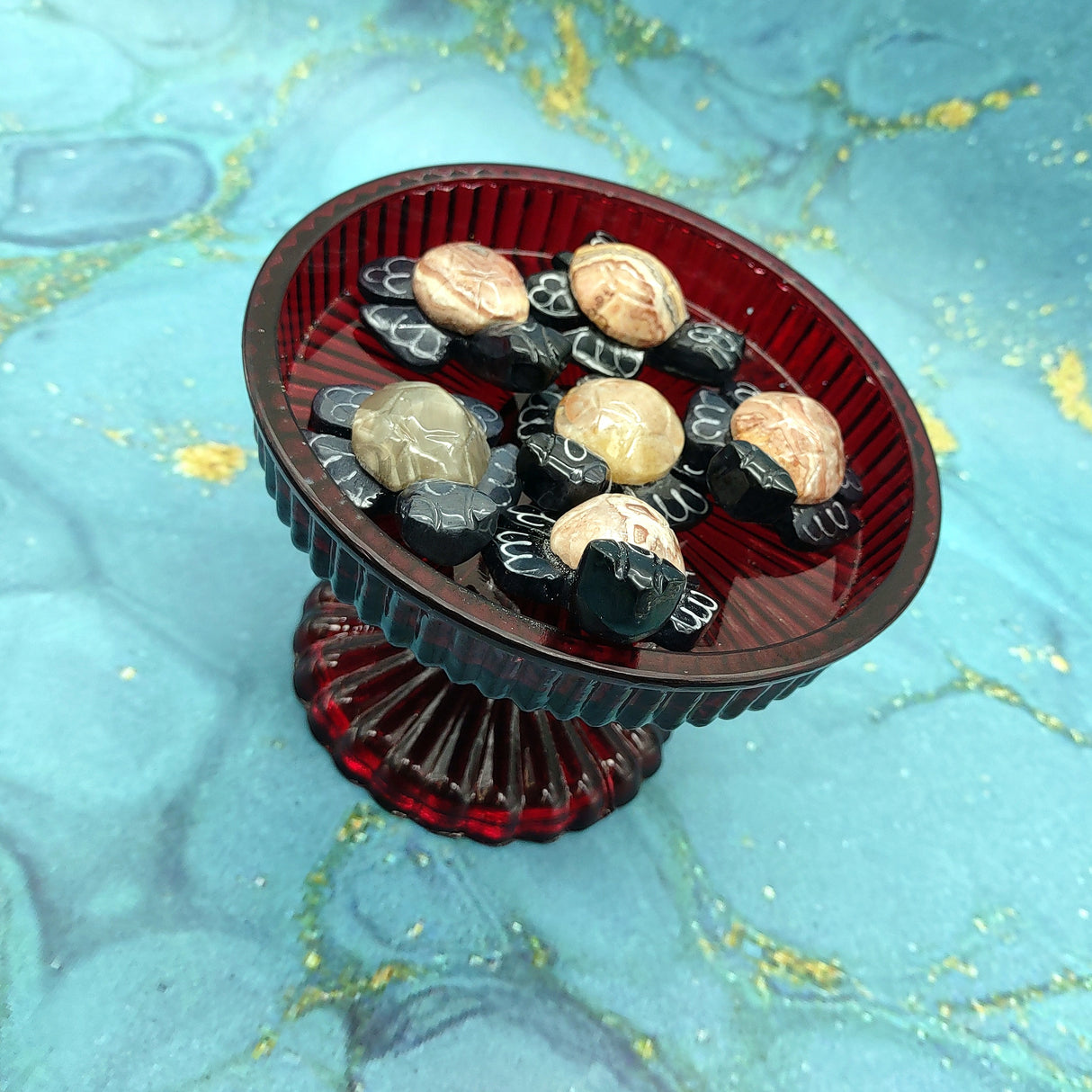 Natural Marble Stone Black Sea Turtles (set of 2 stone figure approx. 2+ inches) Carved Marble Turtle Figurines for coastal home shelf decor!
