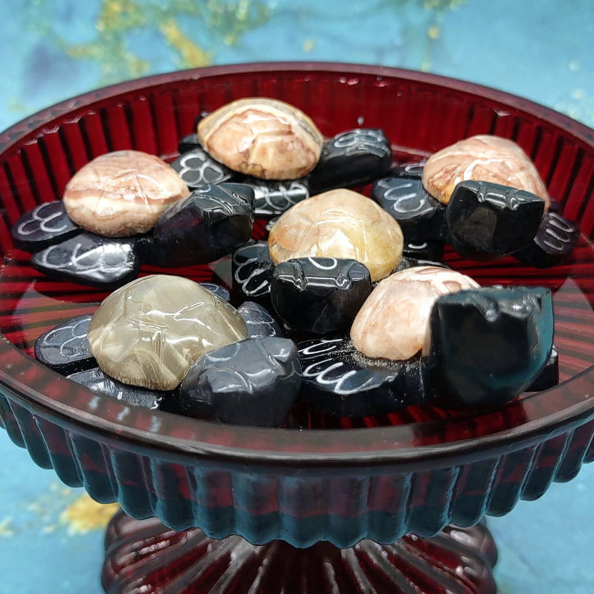 Natural Marble Stone Black Sea Turtles (set of 2 stone figure approx. 2+ inches) Carved Marble Turtle Figurines for coastal home shelf decor!
