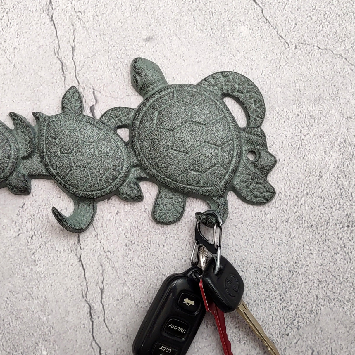Sea Turtle Family Wall Hook Rack Cast Iron Green Patina (1 hook rack approx. 10 inches) Green Sea Turtle Hook Rack for coastal decor!