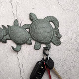 Sea Turtle Family Wall Hook Rack Cast Iron Green Patina (1 hook rack approx. 10 inches) Green Sea Turtle Hook Rack for coastal decor!