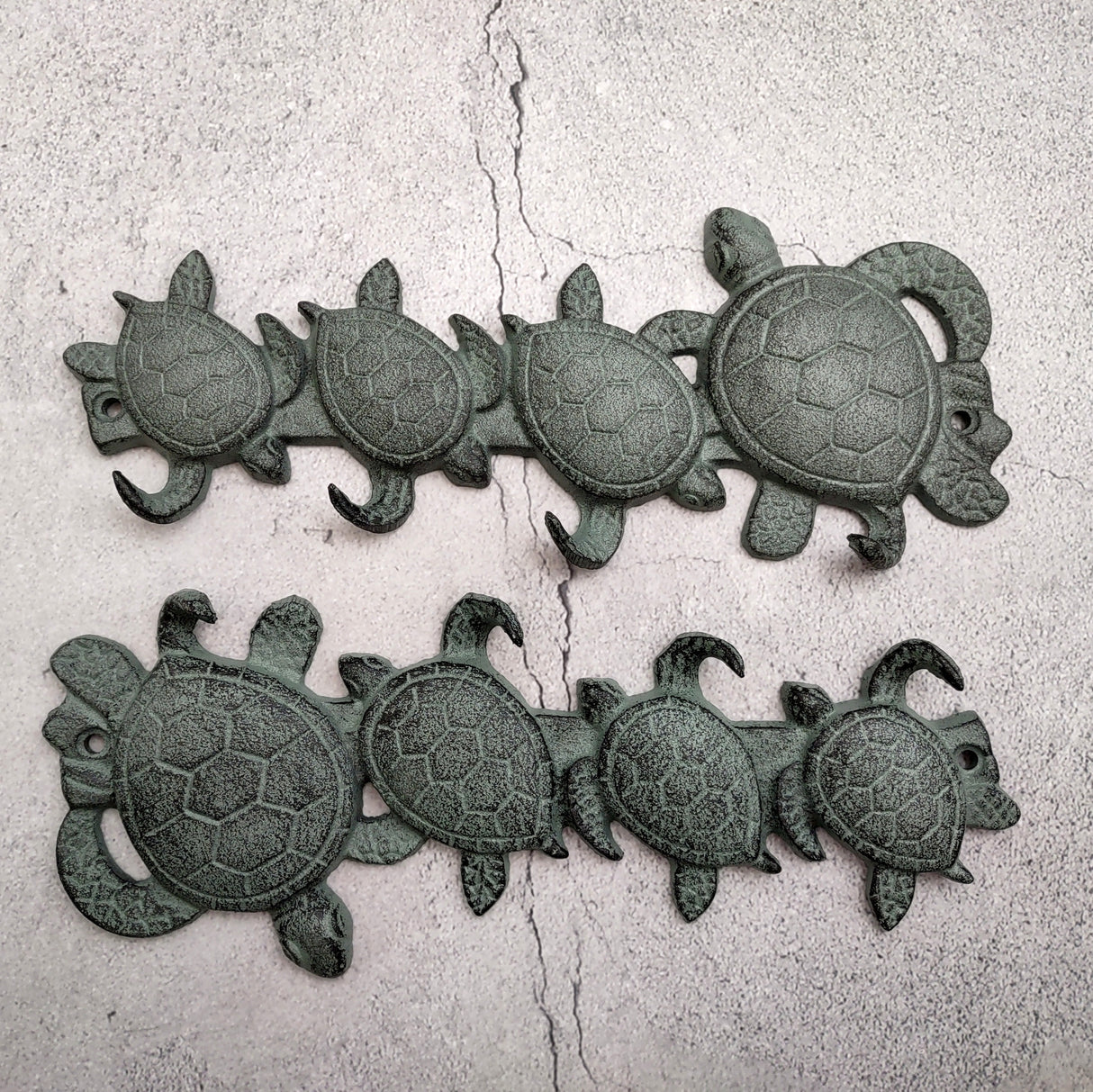 Sea Turtle Family Wall Hook Rack Cast Iron Green Patina (1 hook rack approx. 10 inches) Green Sea Turtle Hook Rack for coastal decor!
