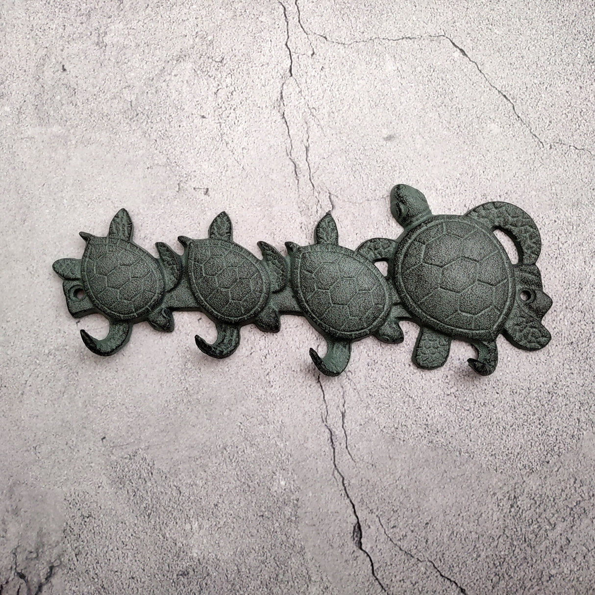 Sea Turtle Family Wall Hook Rack Cast Iron Green Patina (1 hook rack approx. 10 inches) Green Sea Turtle Hook Rack for coastal decor!