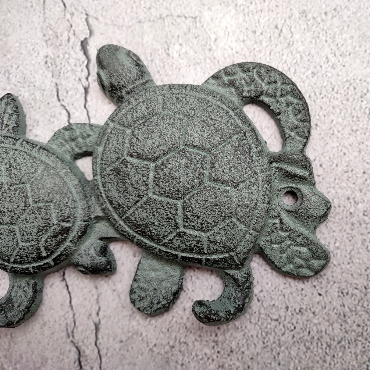 Sea Turtle Family Wall Hook Rack Cast Iron Green Patina (1 hook rack approx. 10 inches) Green Sea Turtle Hook Rack for coastal decor!