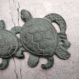 Sea Turtle Family Wall Hook Rack Cast Iron Green Patina (1 hook rack approx. 10 inches) Green Sea Turtle Hook Rack for coastal decor!
