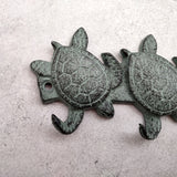 Sea Turtle Family Wall Hook Rack Cast Iron Green Patina (1 hook rack approx. 10 inches) Green Sea Turtle Hook Rack for coastal decor!