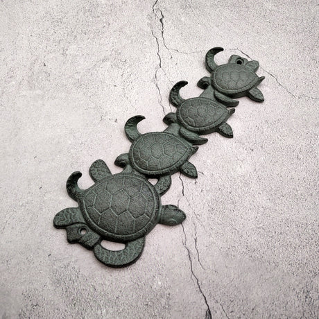 Sea Turtle Family Wall Hook Rack Cast Iron Green Patina (1 hook rack approx. 10 inches) Green Sea Turtle Hook Rack for coastal decor!