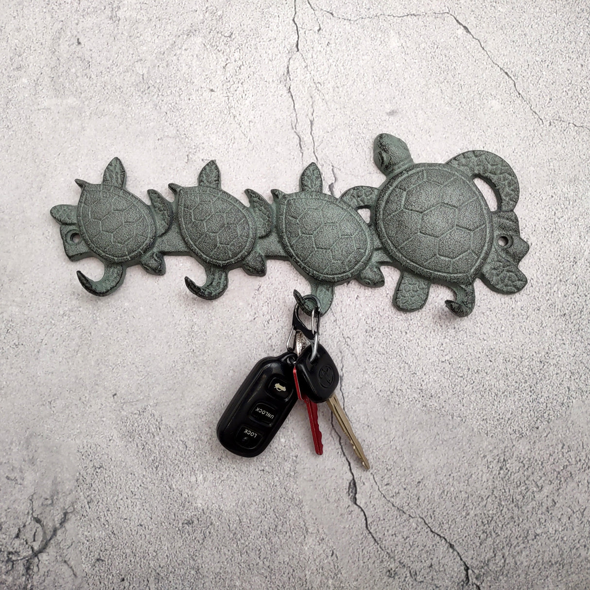Sea Turtle Family Wall Hook Rack Cast Iron Green Patina (1 hook rack approx. 10 inches) Green Sea Turtle Hook Rack for coastal decor!
