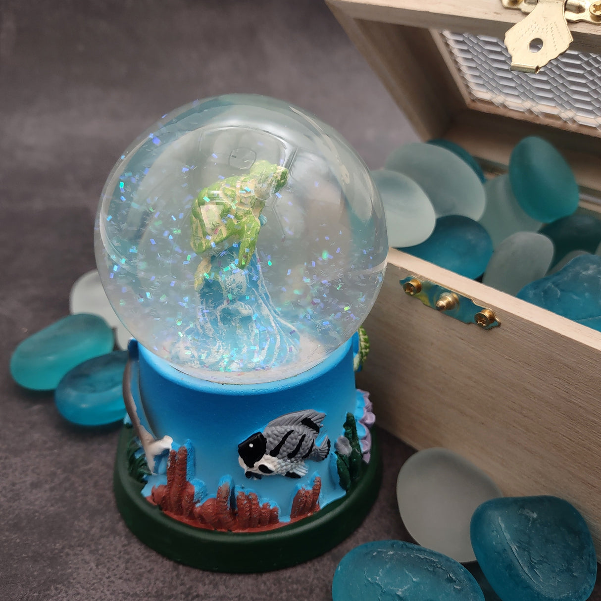 Green Sea Turtle Seasonal Holiday Water Globe (1 globe approx. 4+ inches tall) Charming Brown Sea Turtle Wave Globe for coastal display!