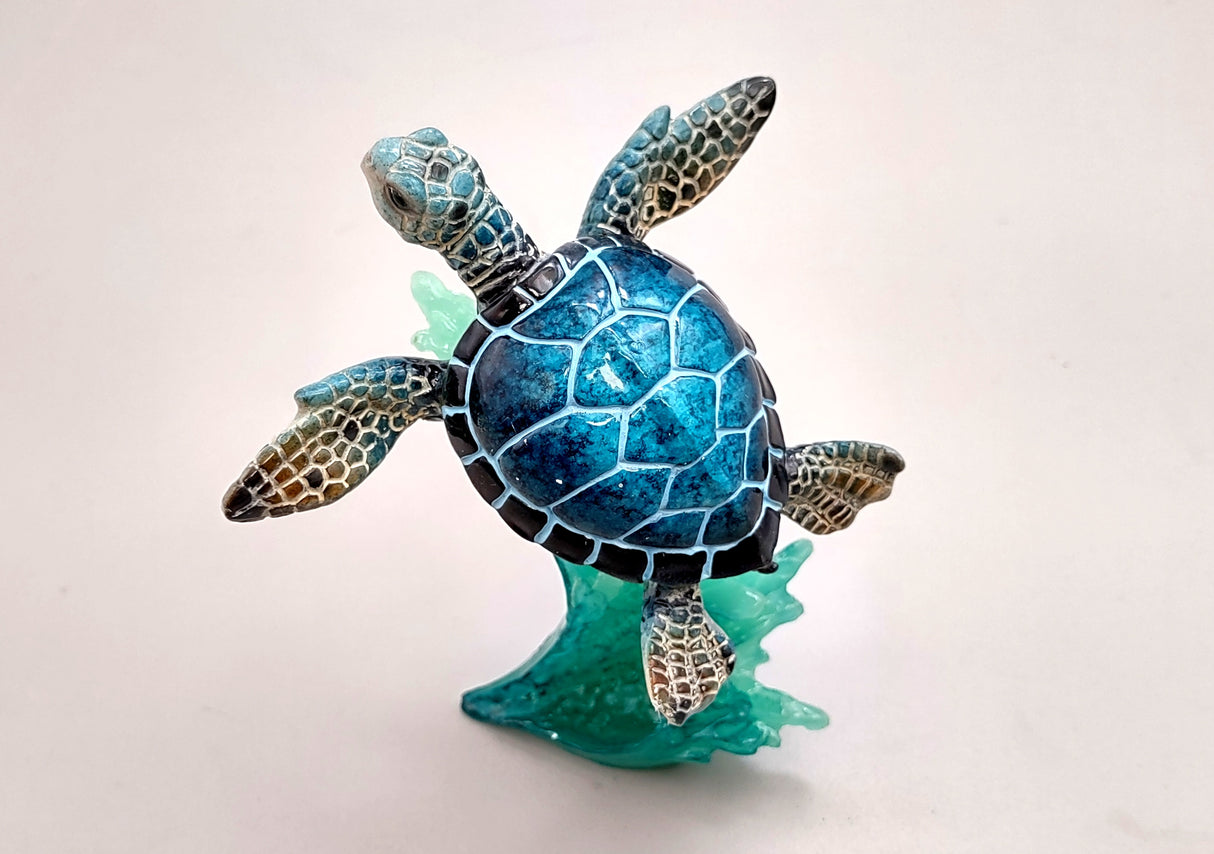 Blue Sea Turtle Figurine on Wave Painted Resin (1 turtle approx. 5+ inches) Blue Painted Resin Turtle on Wave for coastal home décor!
