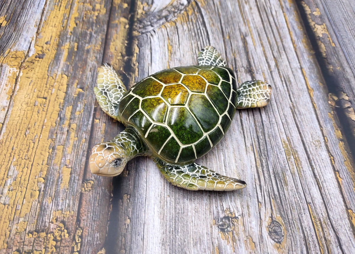 Green Sea Turtle Figurine Painted Resin (1 turtle approx. 5+ inches long) Green Painted Resin Sea Turtle Figure for coastal home decor!