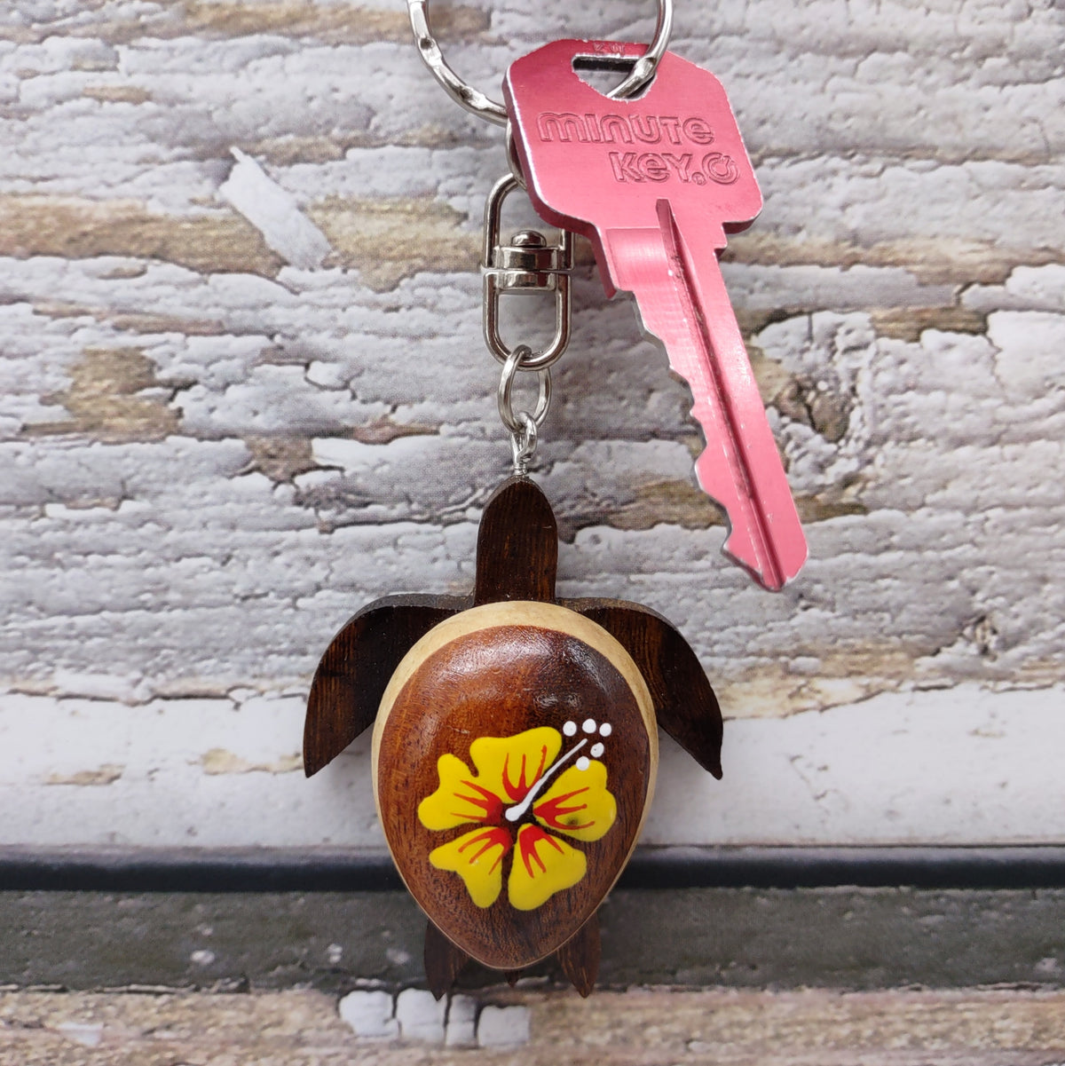 Yellow Hibiscus Painted Wooden Sea Turtle Keychain (1 key fob approx. 4.25+ inches) Wooden Sea Turtle Keychain for gifting or party favors!