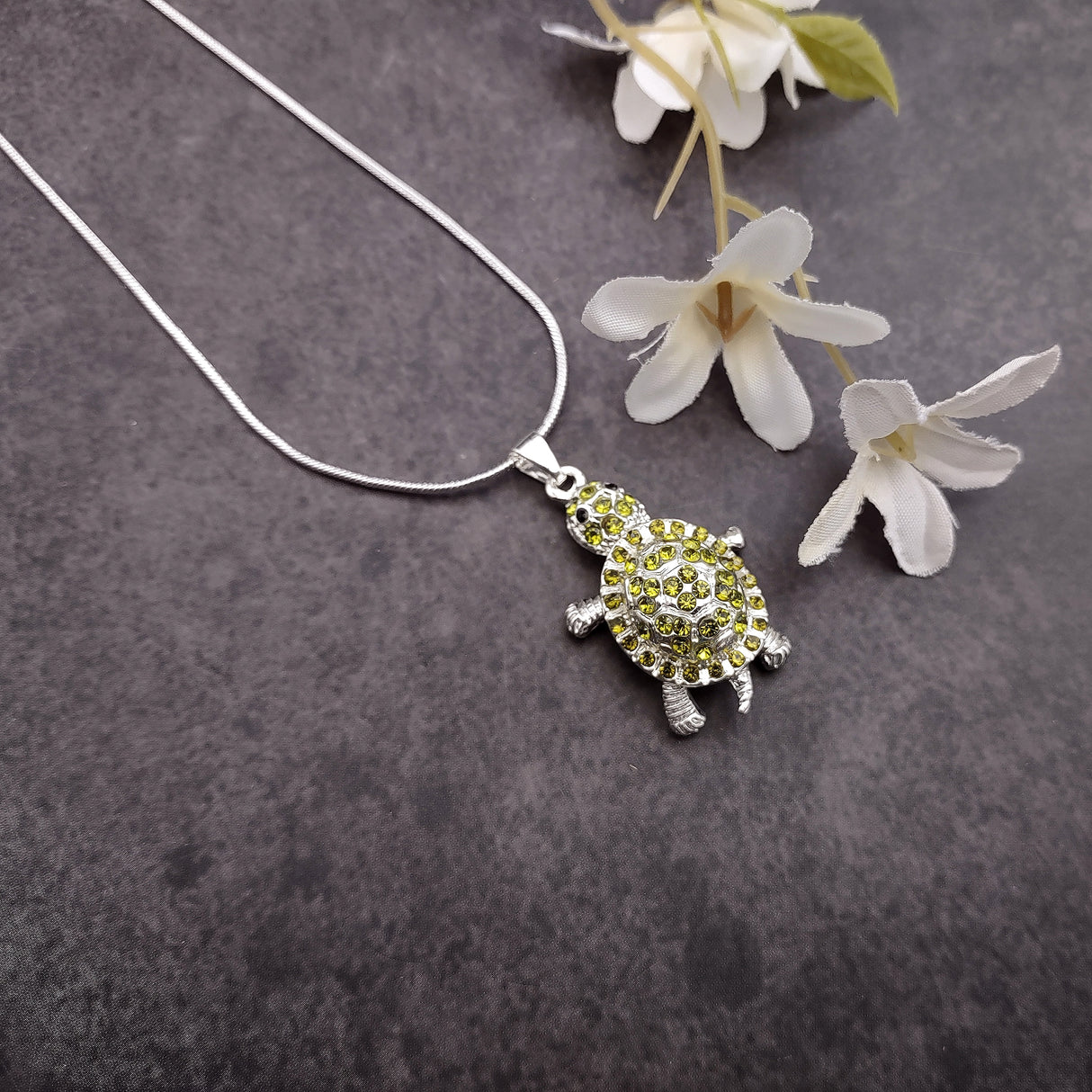 Green Sea Turtle Necklace Silver Rhinestone Pendant (approx. 16+ inches AROUND) Colorful Sea Turtle Jewelry a gift for ocean life lovers!