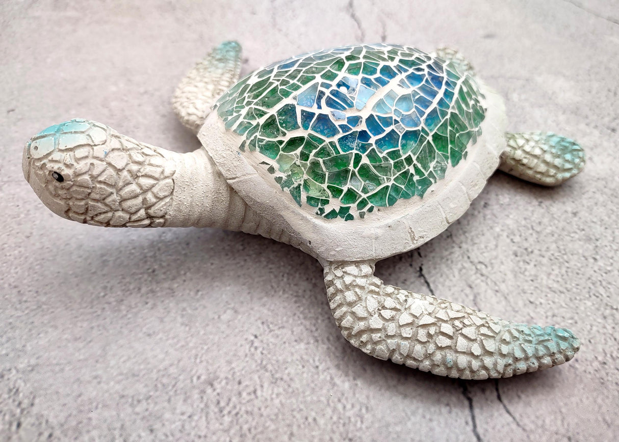 Sea Turtle Blue Green Glass Mosaic Shell Figurine (1 figure approx. 6.25+ inches long) Glass Mosaic Shell Sea Turtle Figure for home decor!