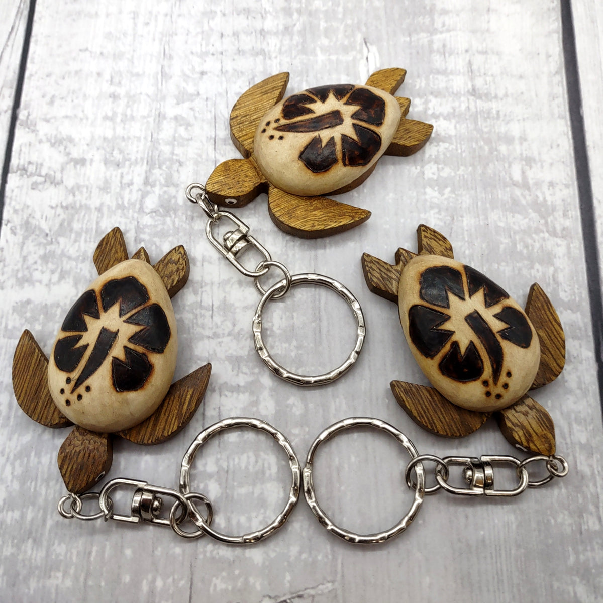 Natural Wood Hibiscus Sea Turtle Keychain (1 keychain approx. 4+ inches) Wooden Pattern Sea Turtle Key Fob for gifting or decorative charm!