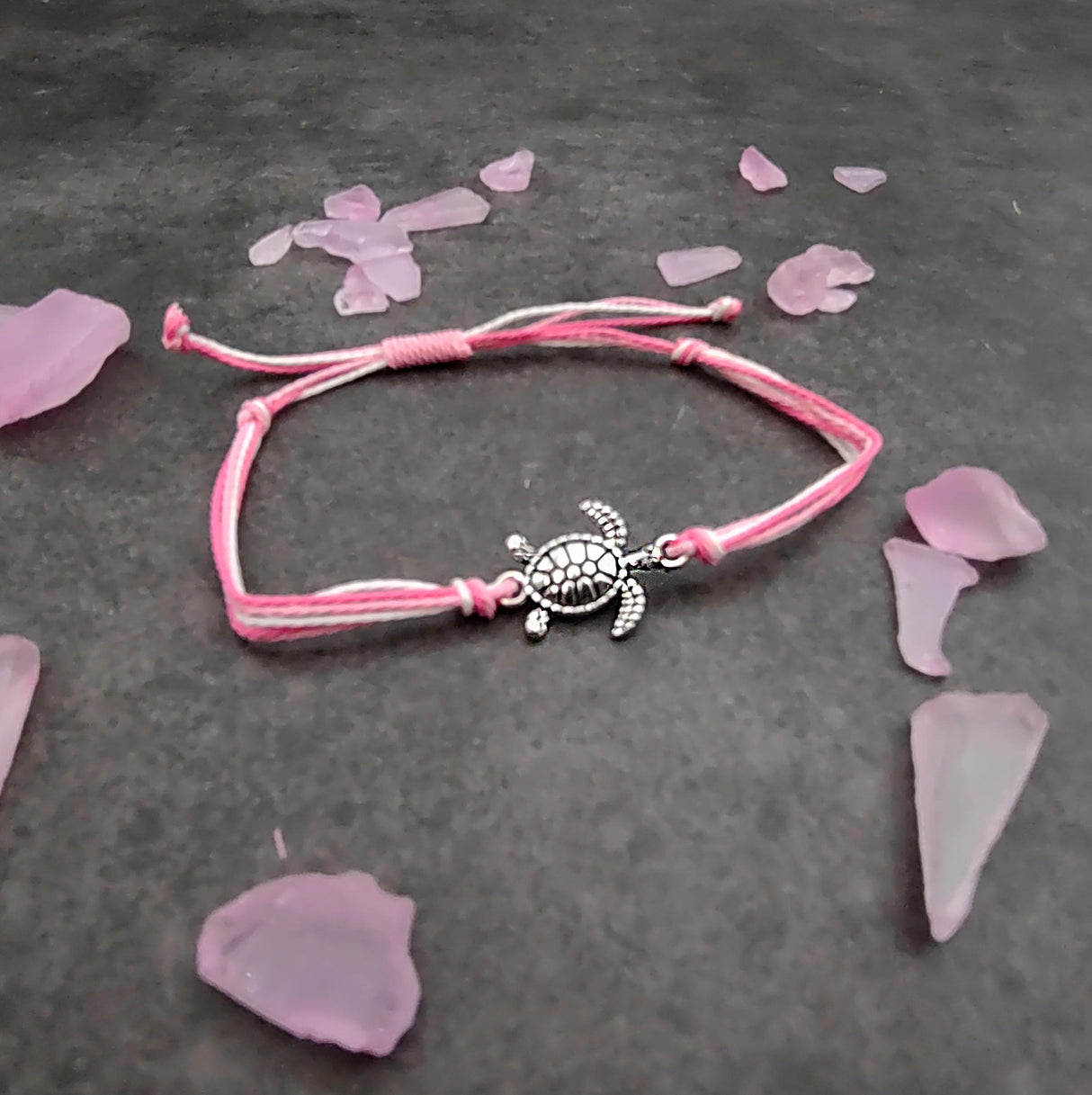Sea Turtle Charm Bracelet Pink White Cord (approx. 5-7+ inches AROUND) Rose Carnation Sea Turtle String Bracelet Jewelry a thoughtful gift!