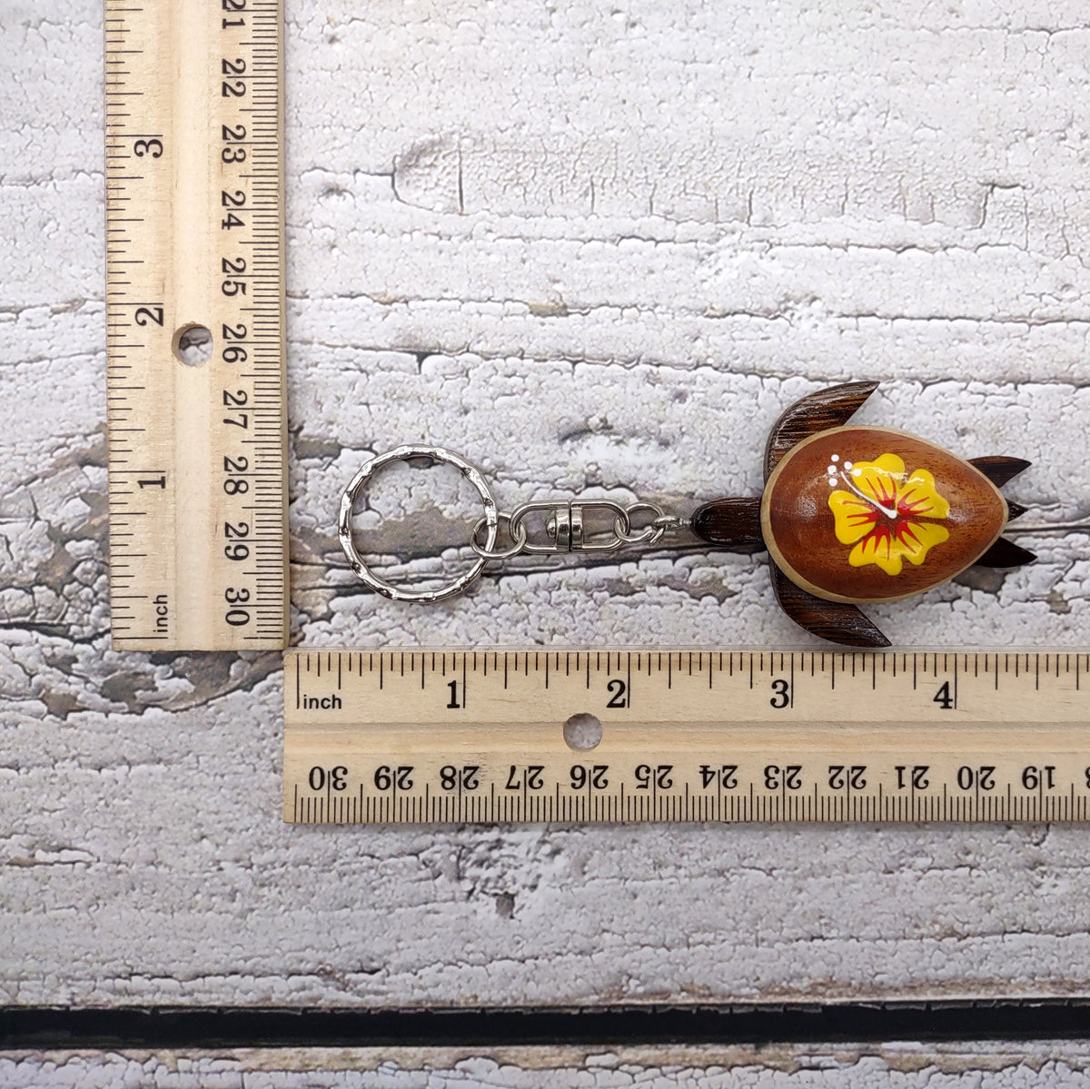Yellow Hibiscus Painted Wooden Sea Turtle Keychain (1 key fob approx. 4.25+ inches) Wooden Sea Turtle Keychain for gifting or party favors!