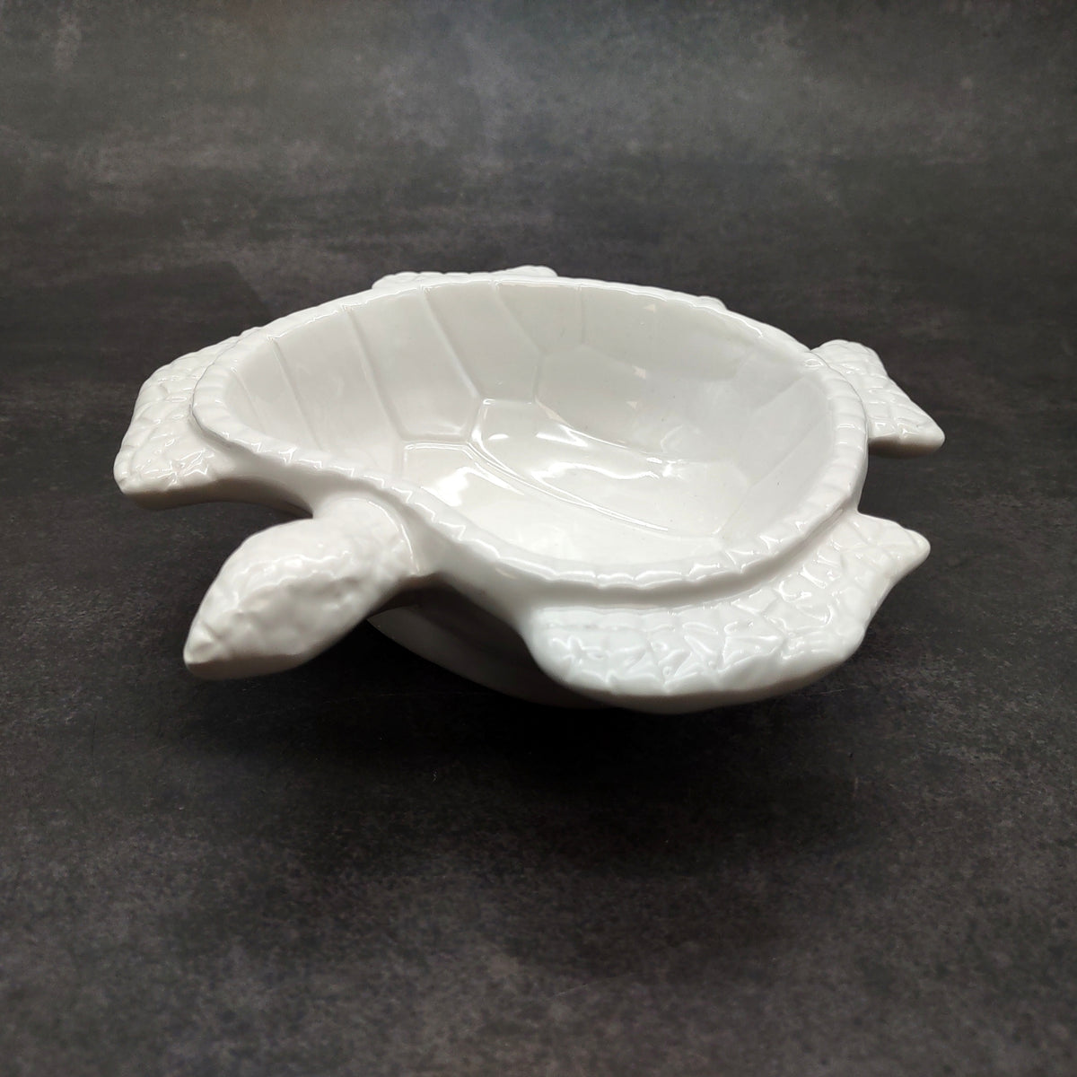 Sea Turtle Glossy White Ceramic Plate (1 dish approx. 6.75+ inches wide) White Turtle Dish for coastal table display & nautical decor!