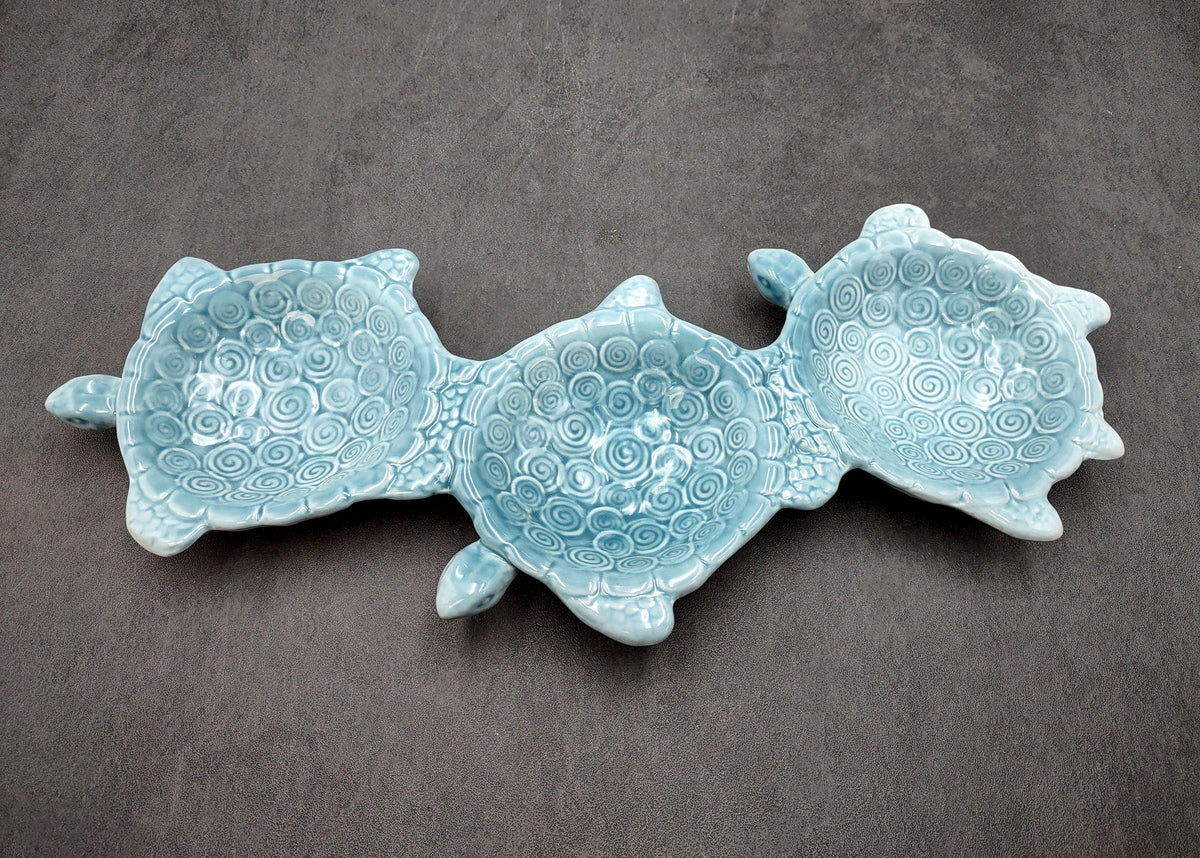 Sea Turtle Light Blue Connected Trio Plate (1 dish approx. 13.5+ inches wide) Light Aqua Sea Turtle Ceramic Dish for coastal table charm!