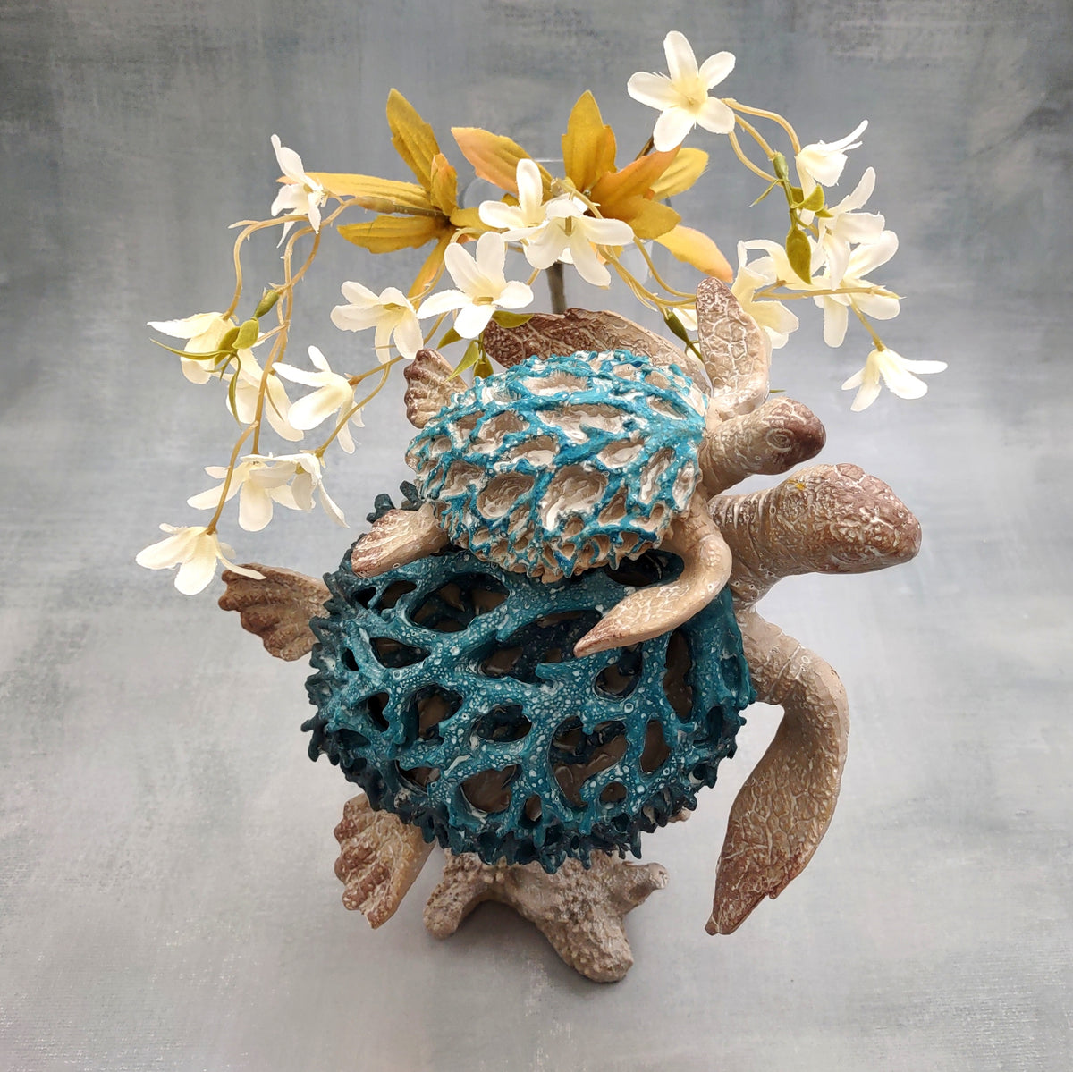 Sea Blue Mom & Baby Sea Turtles on Coral Figure (1 figure approx. 8+ inches tall) Blue Grey Sea Turtle Pair Figure for coastal home decor!