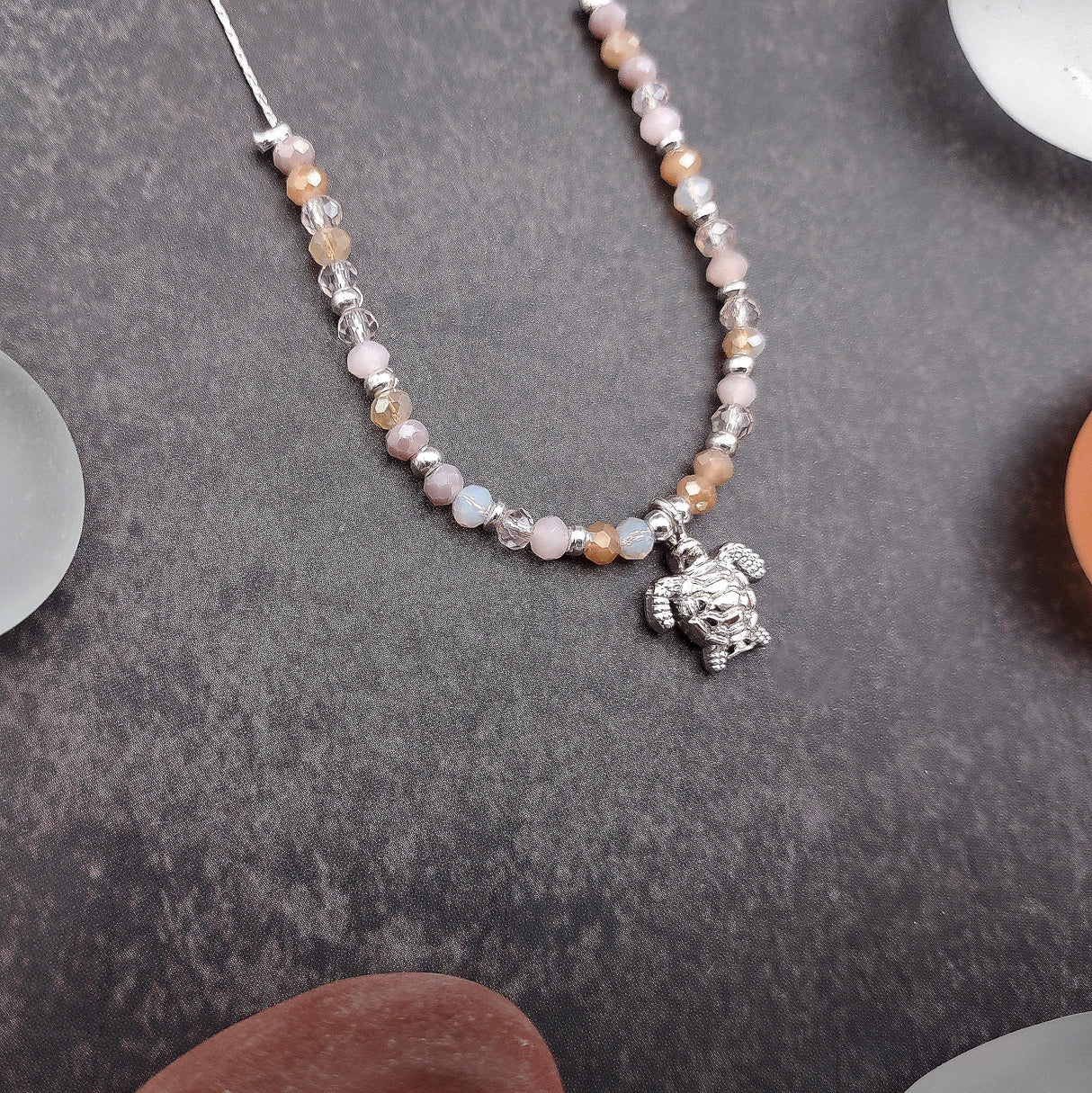 Sea Turtle Charm Necklace Pink Purple Orange Beads Silver Color (approx. 14+ inches AROUND) Sea Turtle Necklace Jewelry for seaside wear!