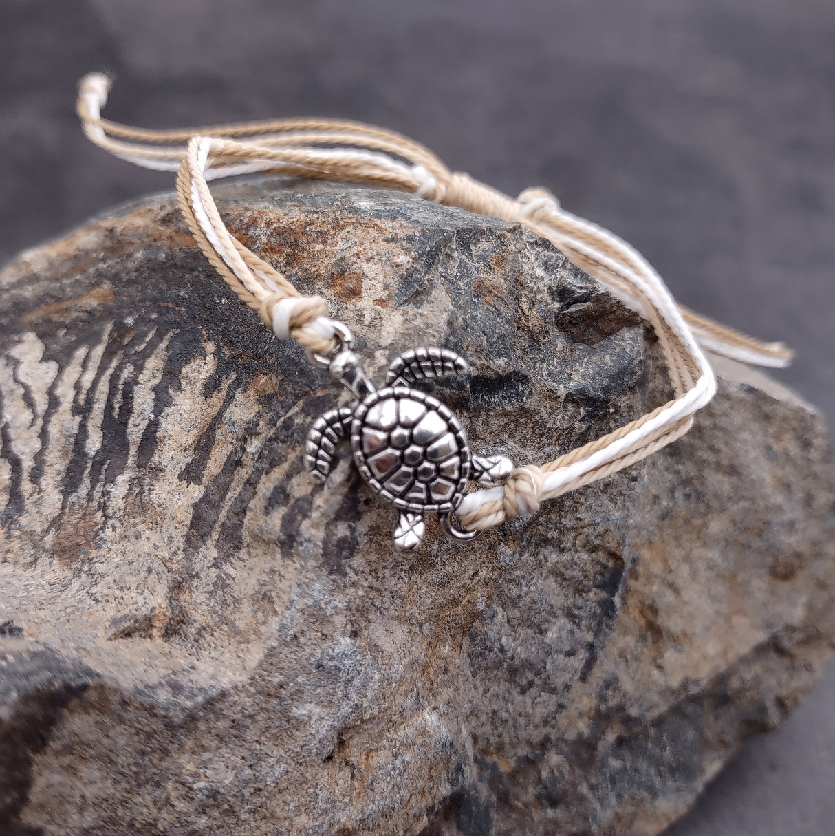 Sea Turtle Charm Bracelet Taupe Beige White Cord (approx. 5-7+ inches AROUND) Tan white Sea Turtle Cord Bracelet great for gifting!