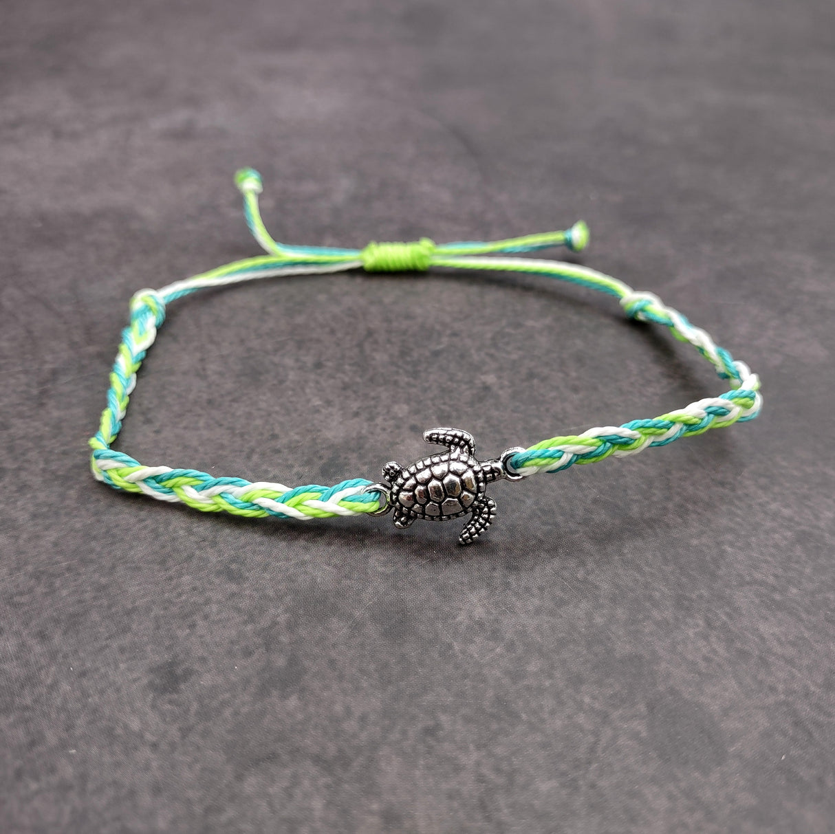 Sea Turtle Bracelet Braided Cord Teal Lime Green White (approx. 5-7+ inches AROUND) Aqua Green White String Sea Turtle Bracelet to gift!