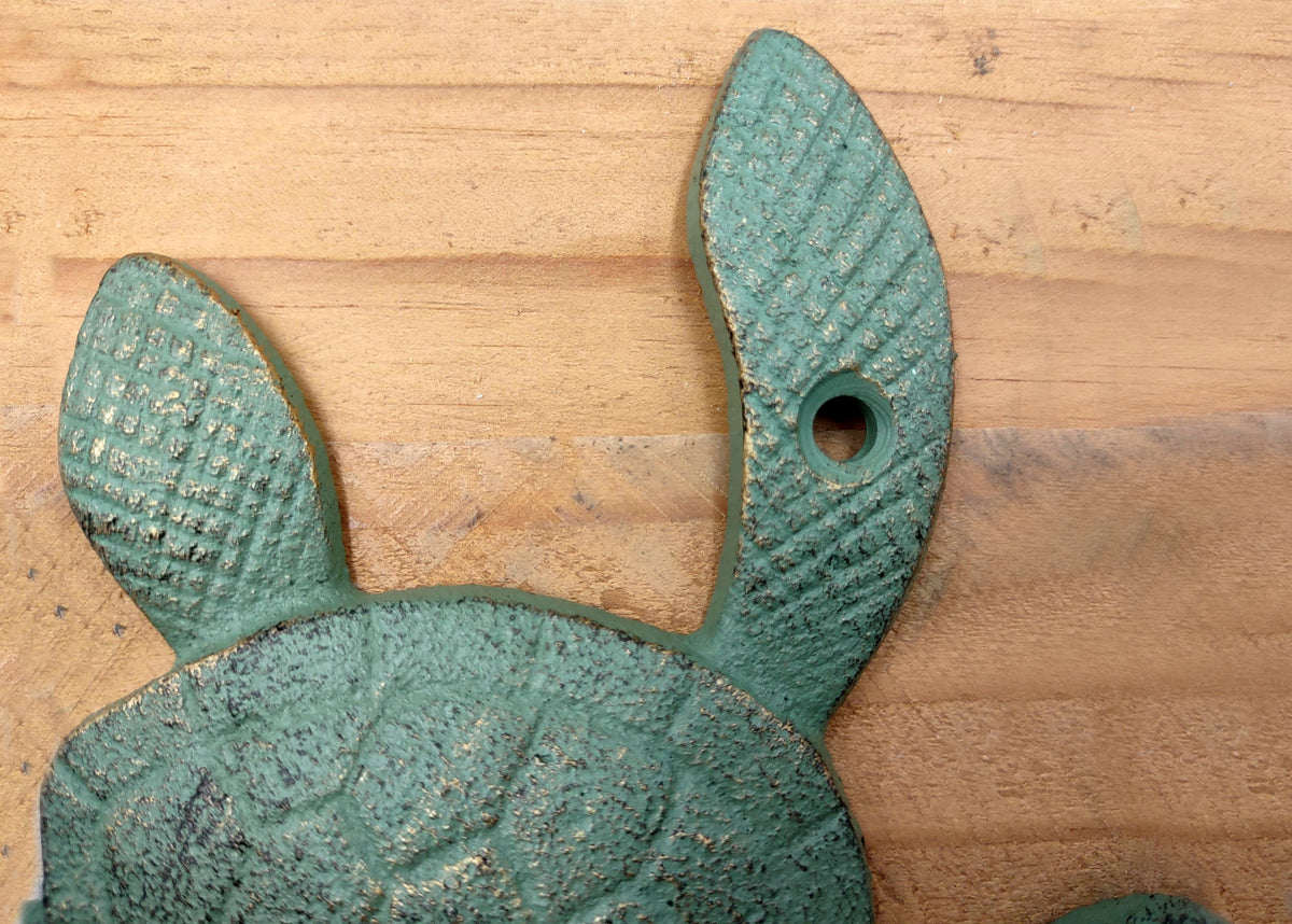 Cast Iron Green Patina Sea Turtle Wall Hook (1 cast iron hook approx. 6+ inches) Verdigris Sea Turtle Wall Hanger for coastal home decor!