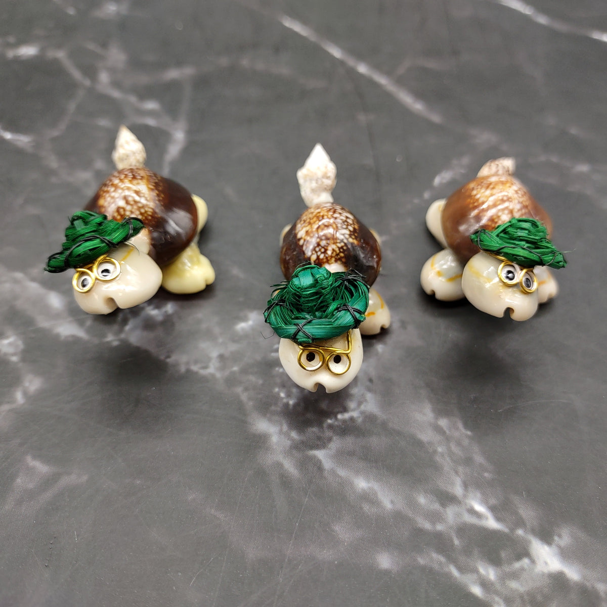 Cowrie Shell Sea Turtle Figurines Green Hat (3 figures approx. 2+ inches) Cute Cowrie Seashell Sea Turtles for gifts decor & display!