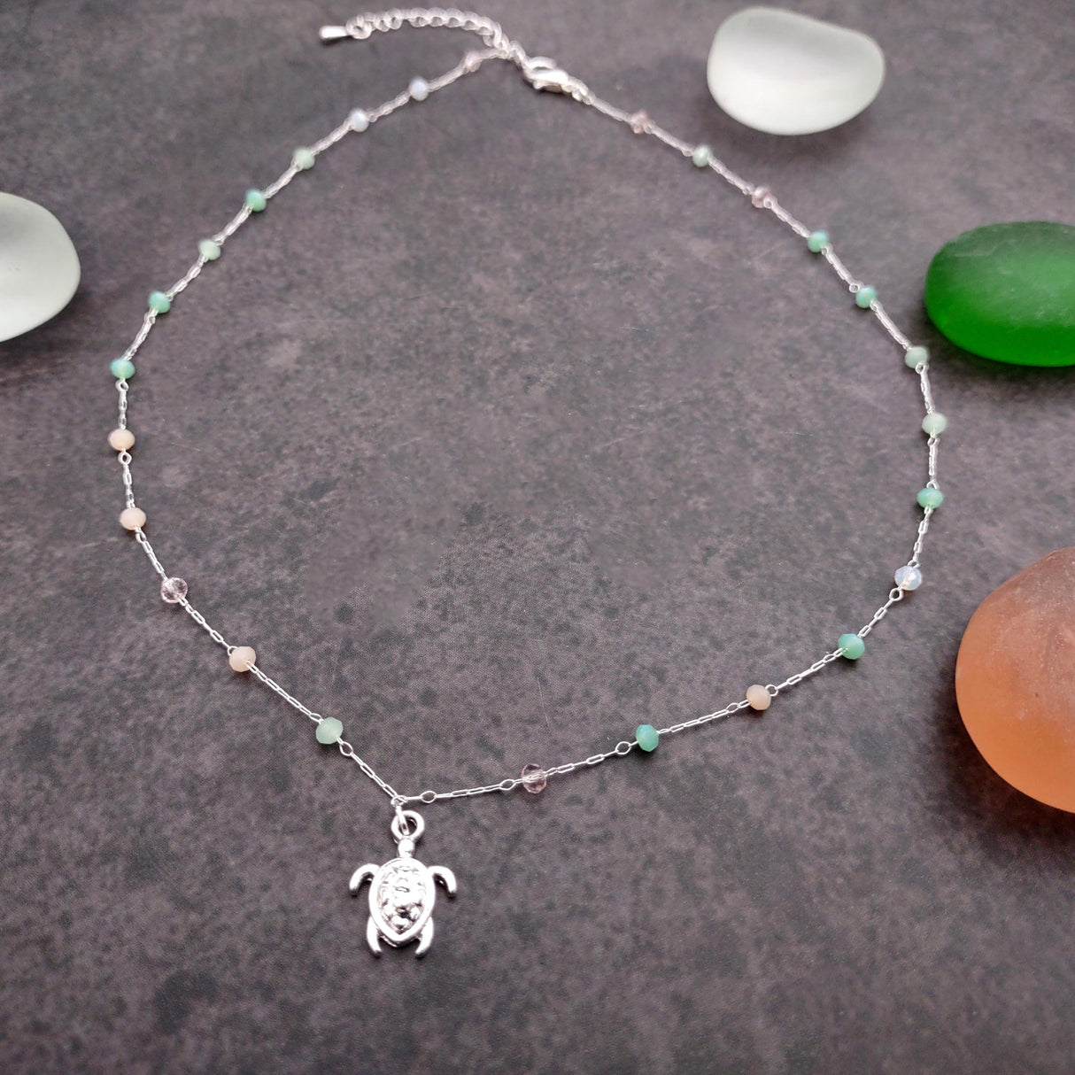 Sea Turtle Charm Necklace Delicate Green Peach White Beads (approx. 14+ inches AROUND) Silver Sea Turtle Necklace great for gifting!