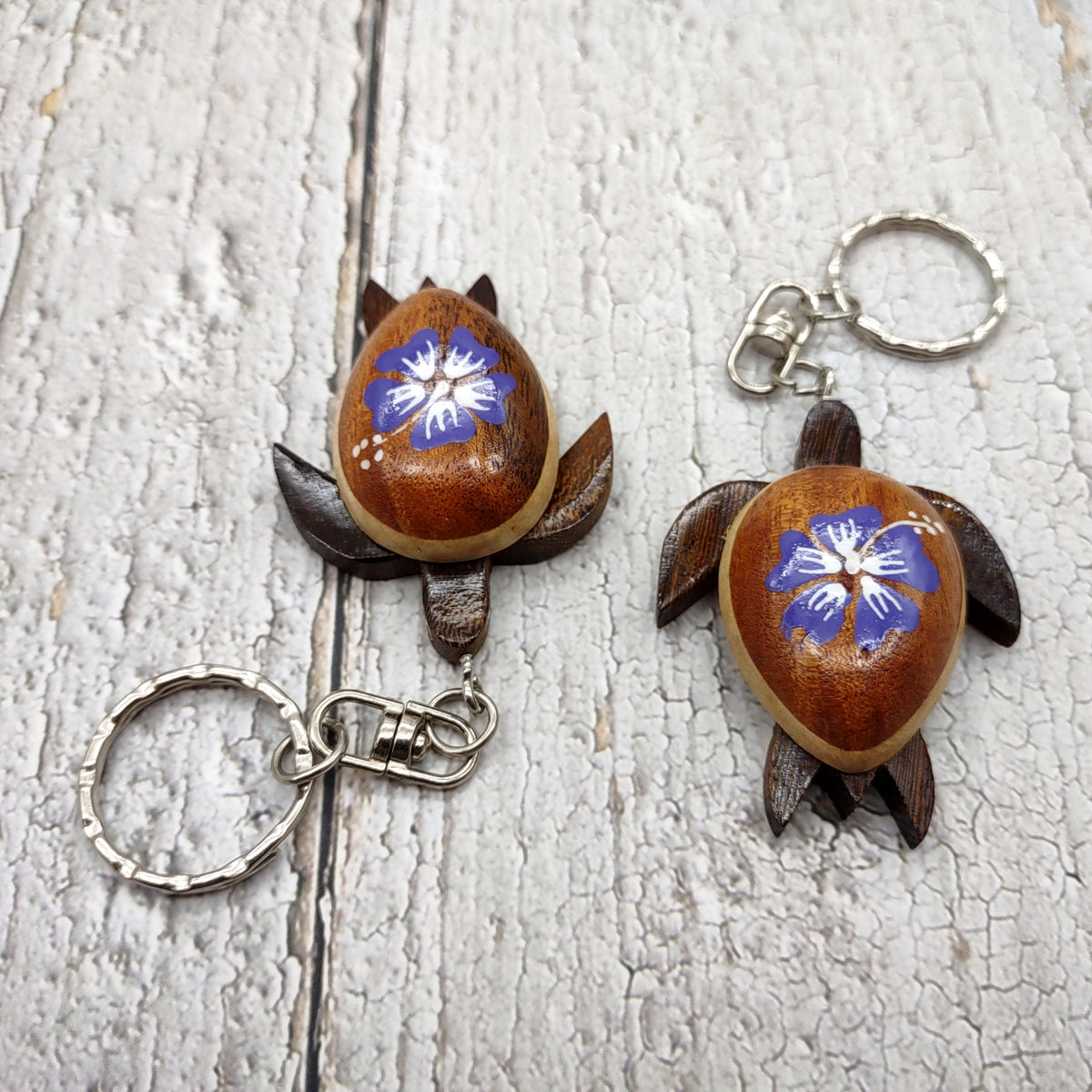 Purple Hibiscus Painted Wooden Sea Turtle Keychain (1 keychain approx. 4.25+ inches) Wooden Sea Turtle Key Fob for gifting or party favors!
