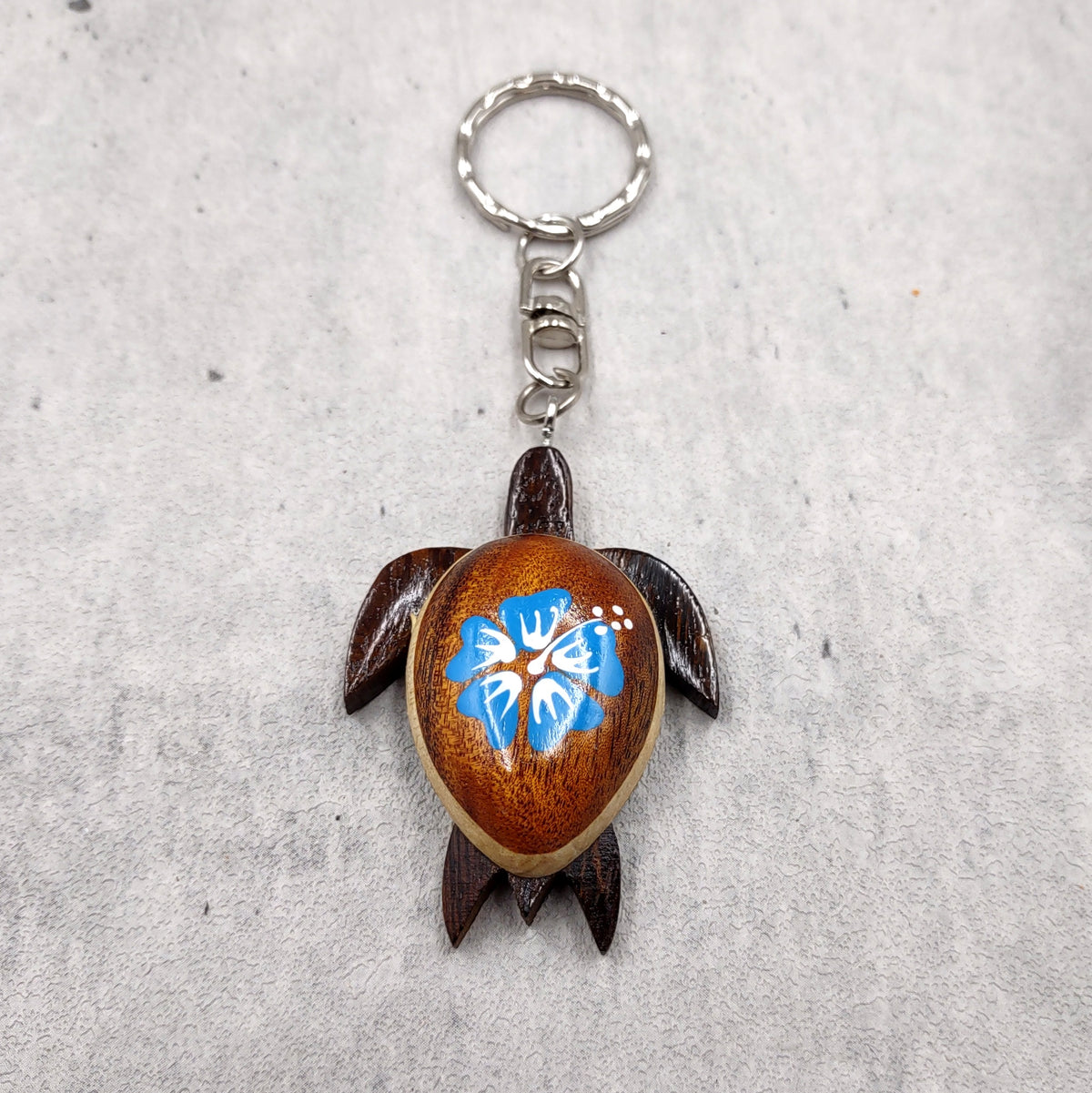 Blue Hibiscus Painted Wooden Sea Turtle Keychain (1 keychain approx. 4.25+ inches) Wooden Sea Turtle Key Fob for gifting or party favors!
