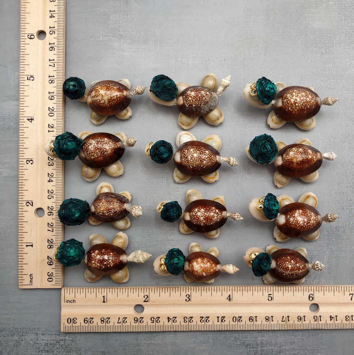 Cowrie Shell Sea Turtle Figurines Dark Green Hat (3 figures approx. 2+ inches) Cute Cowrie Seashell Sea Turtles for gifts decor & display!