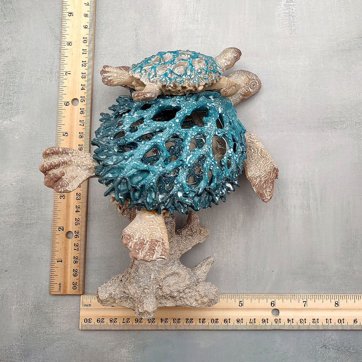 Sea Blue Mom & Baby Sea Turtles on Coral Figure (1 figure approx. 8+ inches tall) Blue Grey Sea Turtle Pair Figure for coastal home decor!