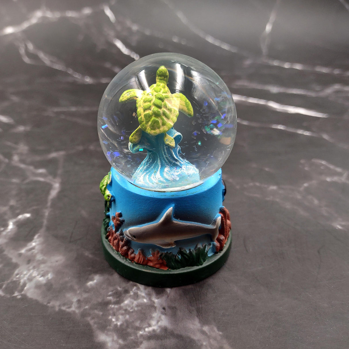 Small Sea Turtle Water Globe with Dolphin and Coral Base (1 globe approx. 2.75 inches tall) Cute Sea Turtle Water Globe for gifts & decor!
