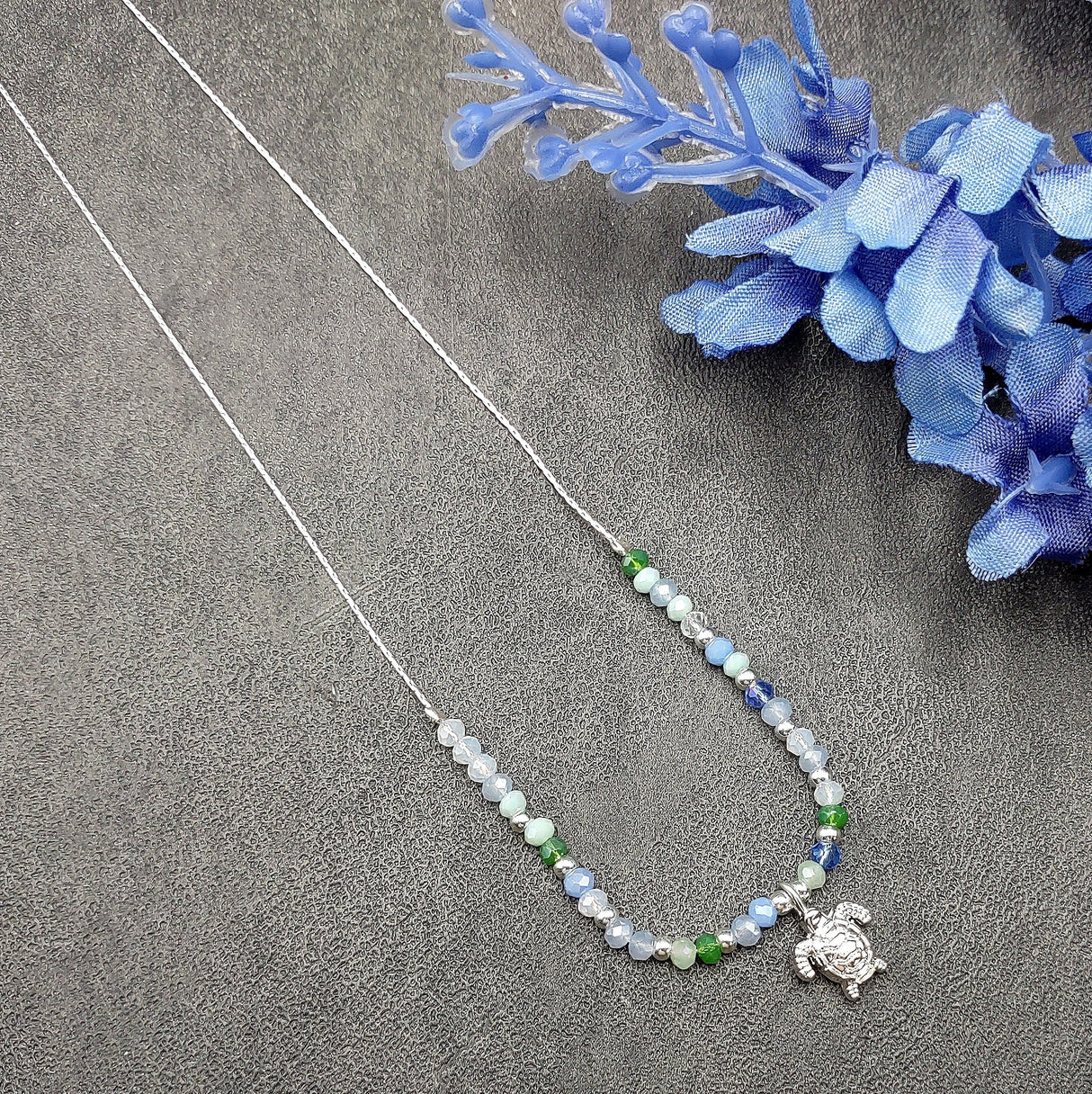 Sea Turtle Charm Necklace Blue Green White Beads Silver Color (approx. 14+ inches AROUND) Sea Turtle Necklace Jewelry for seaside wear!