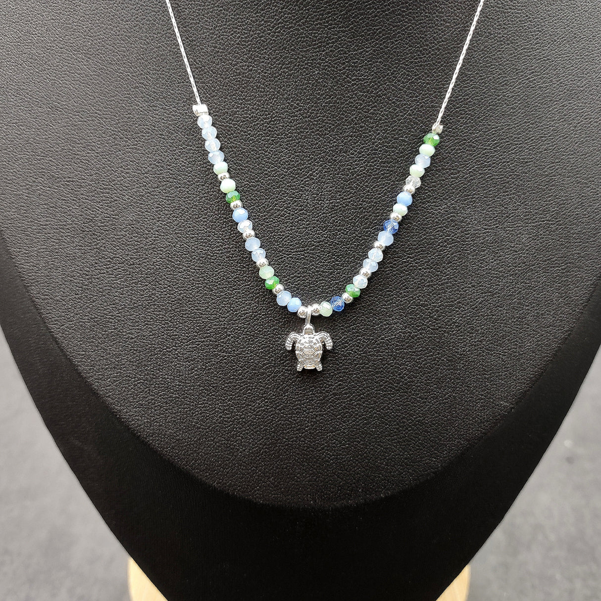 Sea Turtle Charm Necklace Blue Green White Beads Silver Color (approx. 14+ inches AROUND) Sea Turtle Necklace Jewelry for seaside wear!