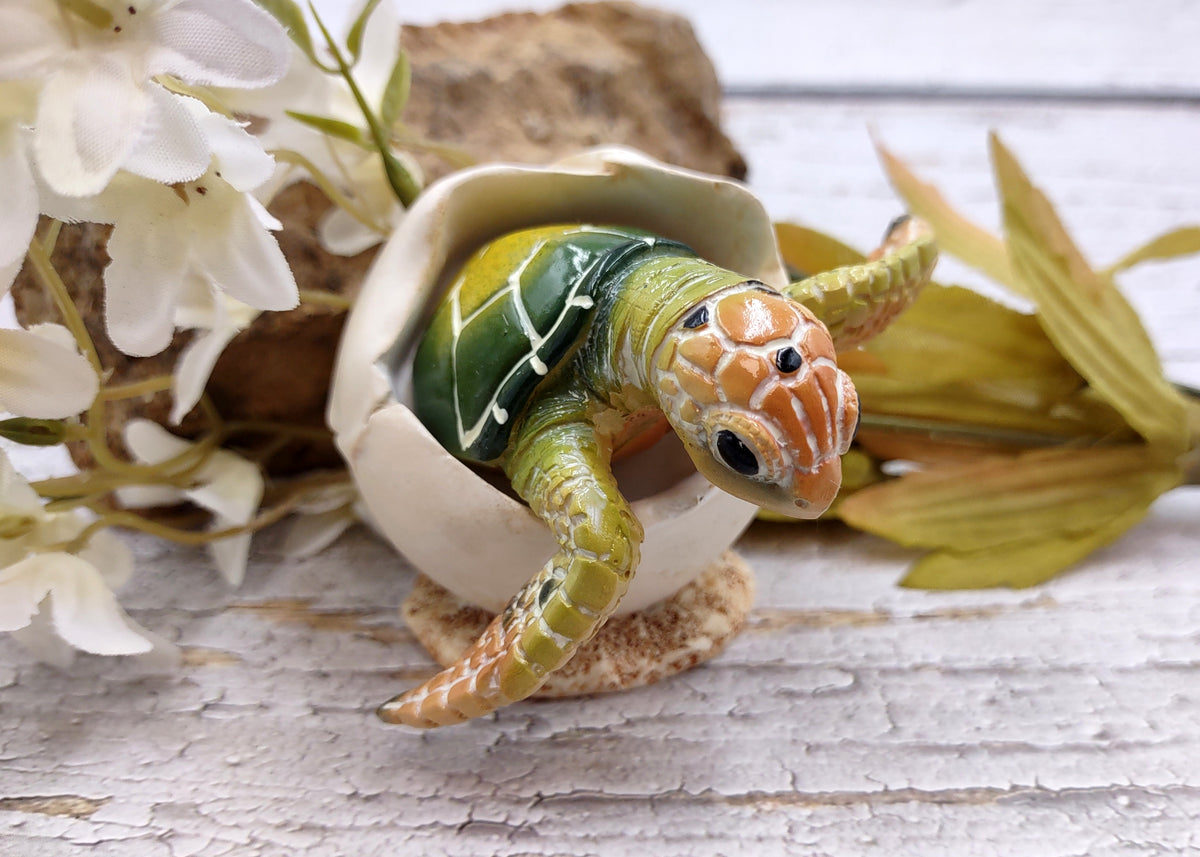 Green Baby Sea Turtle Hatching Figure (1 turtle approx. 3+ inches) Green Painted Resin Baby Turtle Egg Figure for coastal home décor!