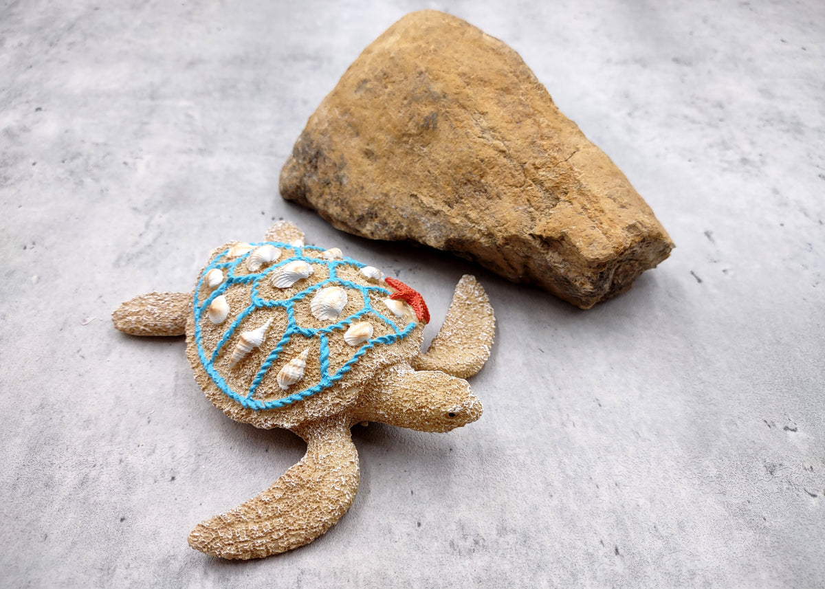 Sandy Sea Turtle Figure With Seashells Net Starfish (1 turtle approx. 5+ inches) Sand Texture Resin Cast Sea Turtle Figure for home decor!