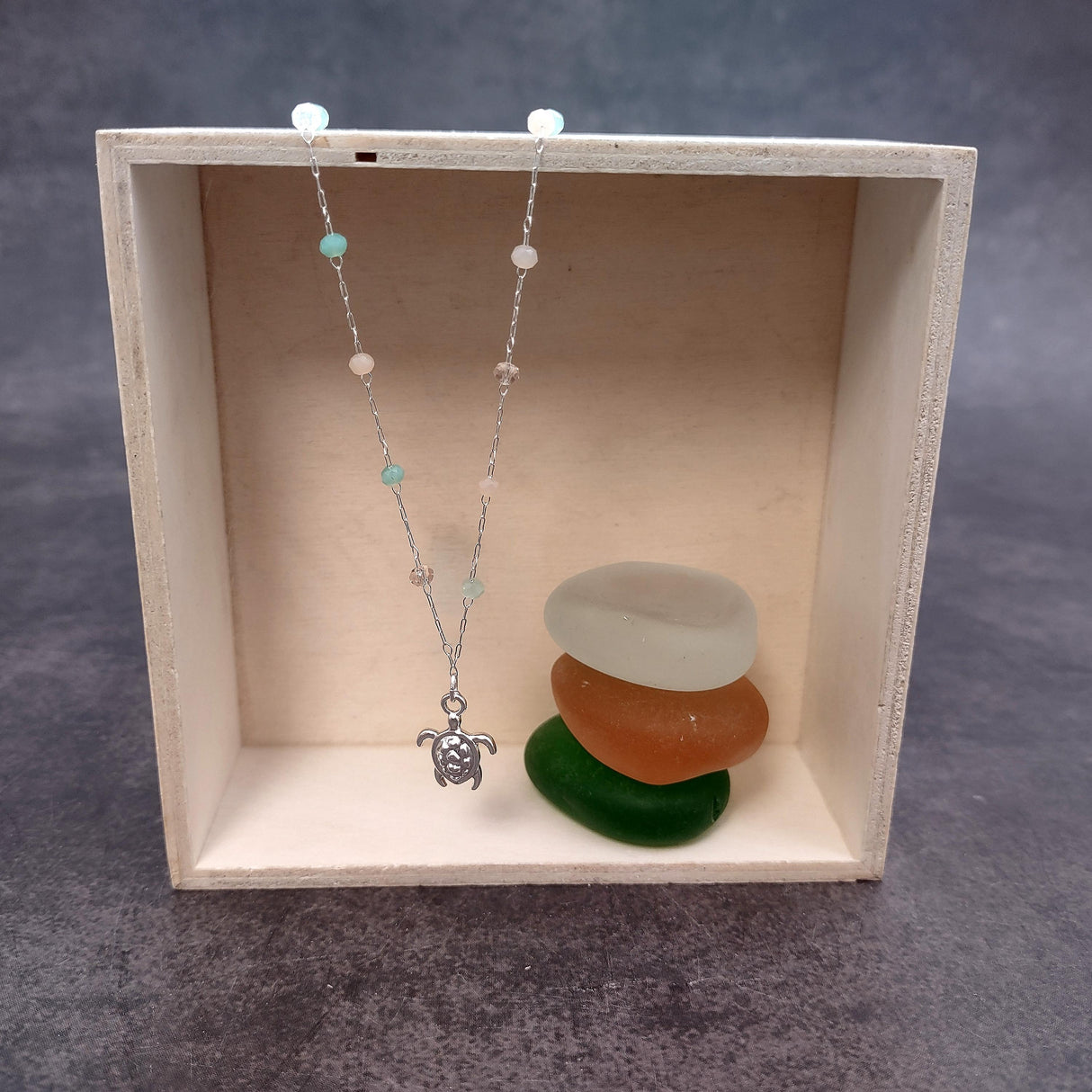 Sea Turtle Charm Necklace Delicate Green Peach White Beads (approx. 14+ inches AROUND) Silver Sea Turtle Necklace great for gifting!