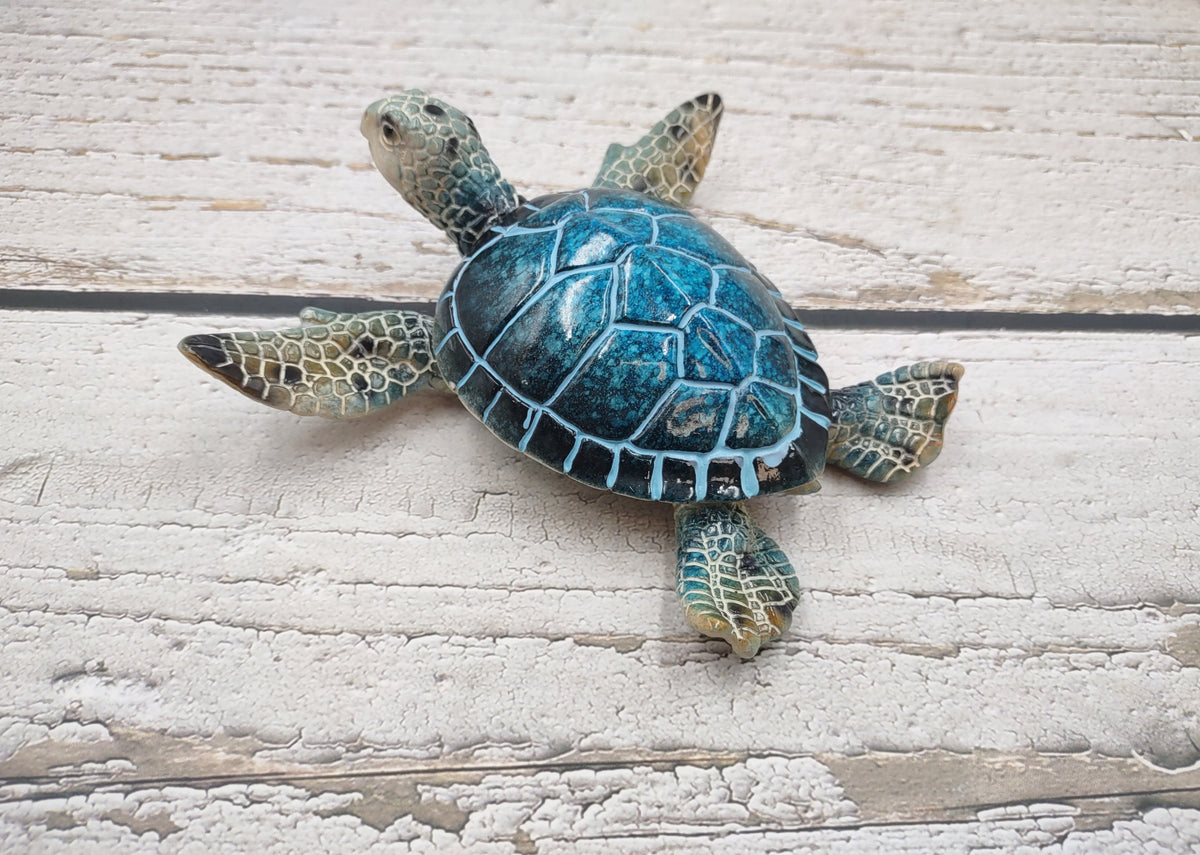 Blue Sea Turtle Figurine Painted Resin (1 turtle approx. 5.75+ inches long) Blue Painted Resin Sea Turtle Figure for coastal home decor!