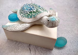 Sea Turtle Blue Green Glass Mosaic Shell Figurine (1 figure approx. 6.25+ inches long) Glass Mosaic Shell Sea Turtle Figure for home decor!
